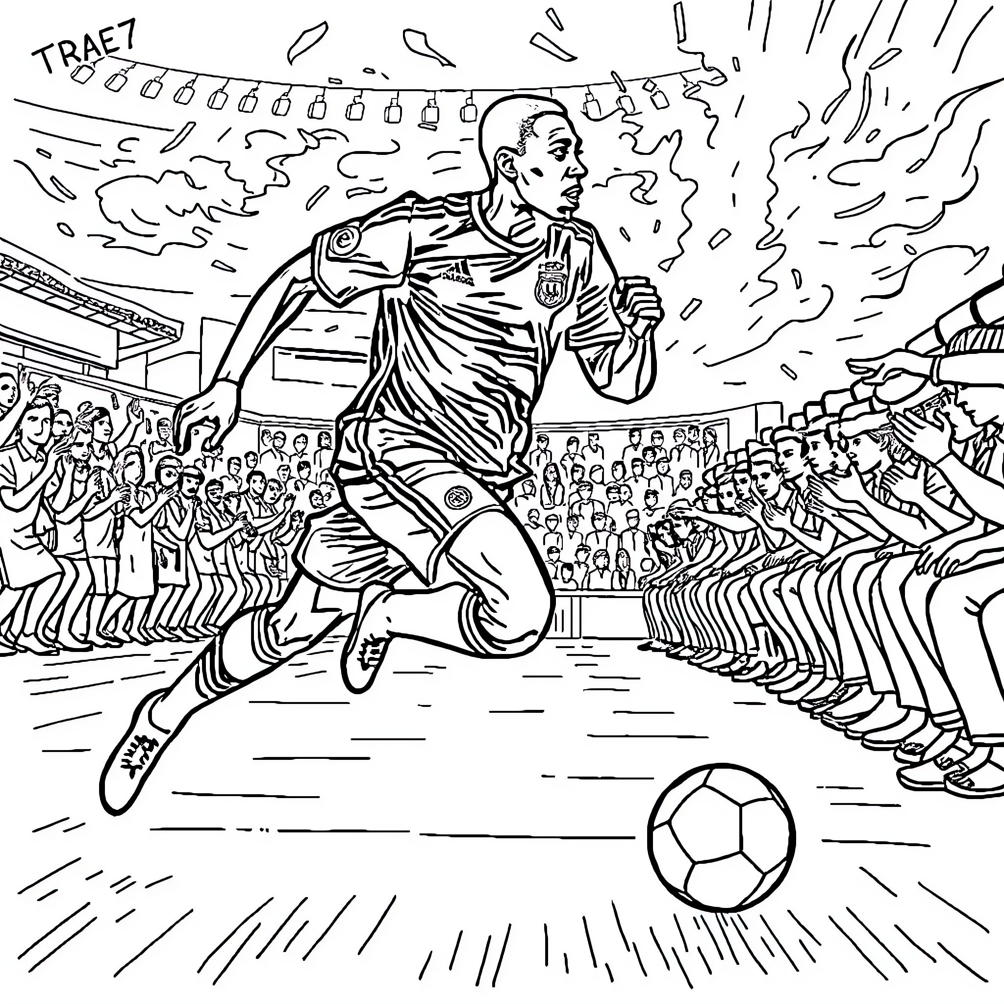 Mbappe's Electrifying Soccer Celebration Coloring Page (free black-and-white line drawing printable PDF for all, from beginners to advanced learners, including children, teens, adults, and seniors)