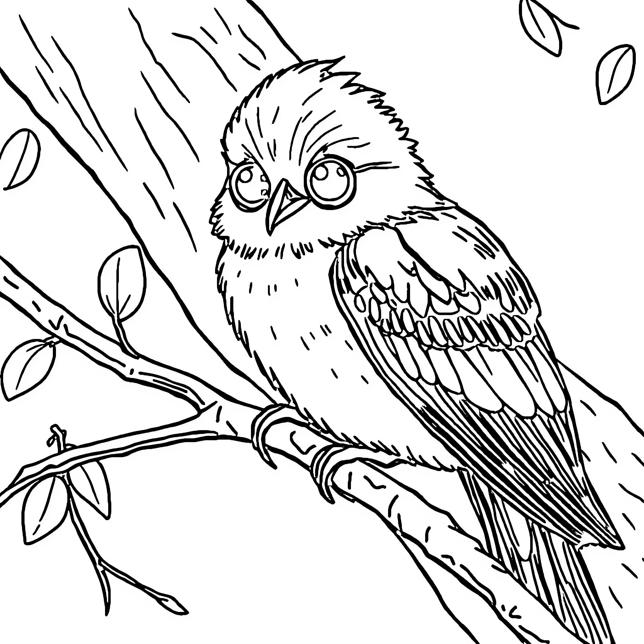 Owl perched on a branch in the wind Coloring Page (free black-and-white line drawing printable PDF for all, from beginners to advanced learners, including children, teens, adults, and seniors)