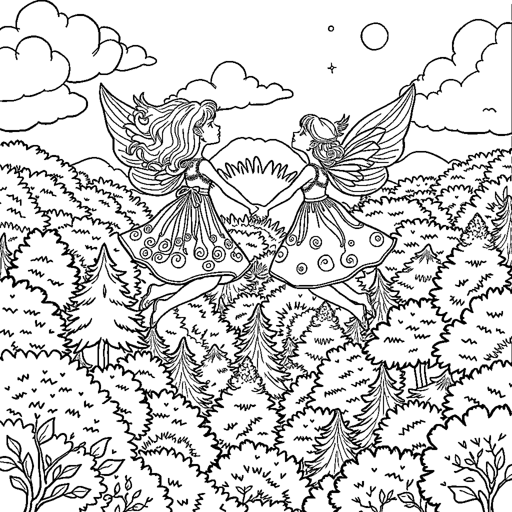 Girls in fantastical dresses dancing in a magical forest Coloring Page (free black-and-white line drawing printable PDF for all, from beginners to advanced learners, including children, teens, adults, and seniors)