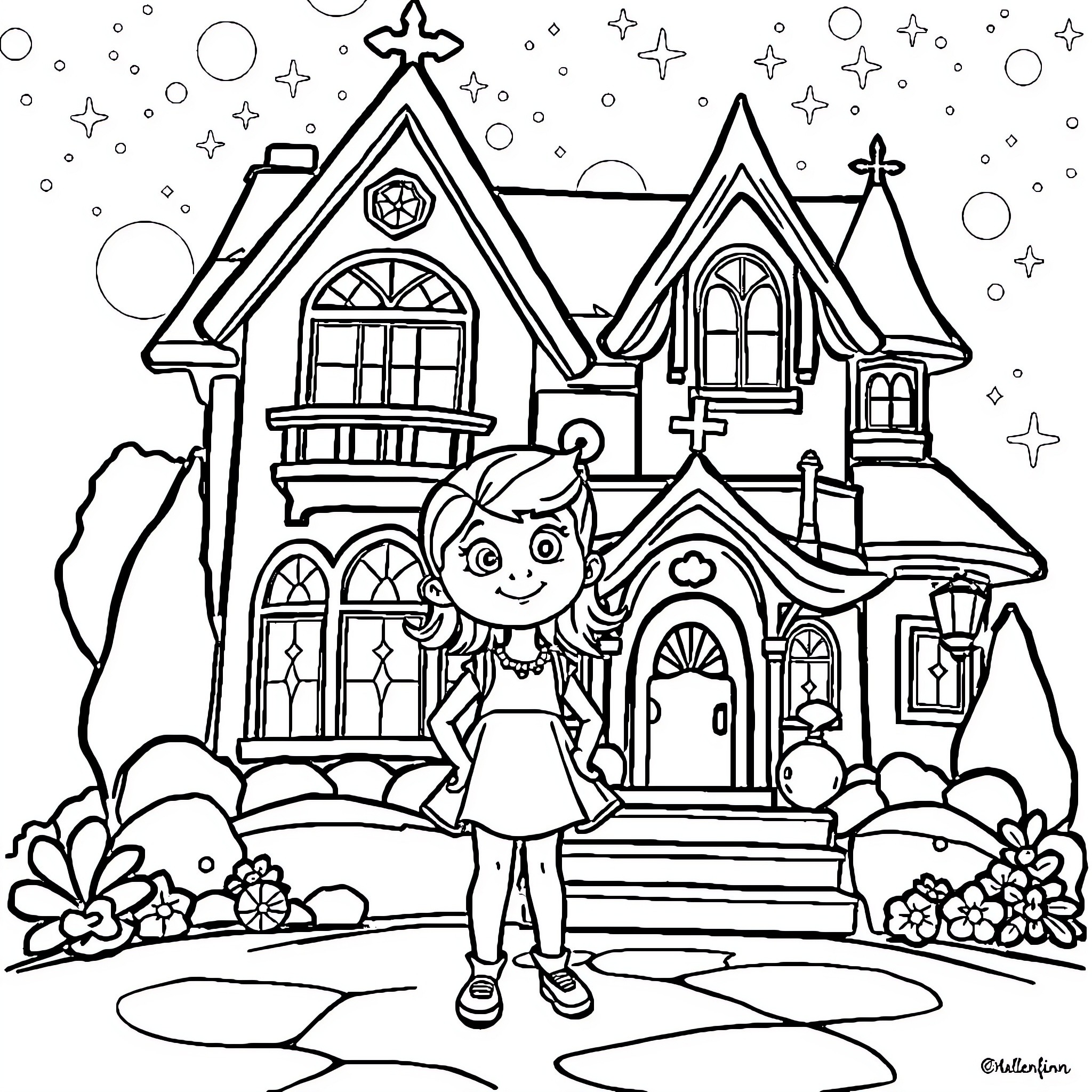 Gaby's Magical Victorian Mansion Coloring Page (free black-and-white line drawing printable PDF for all, from beginners to advanced learners, including children, teens, adults, and seniors)