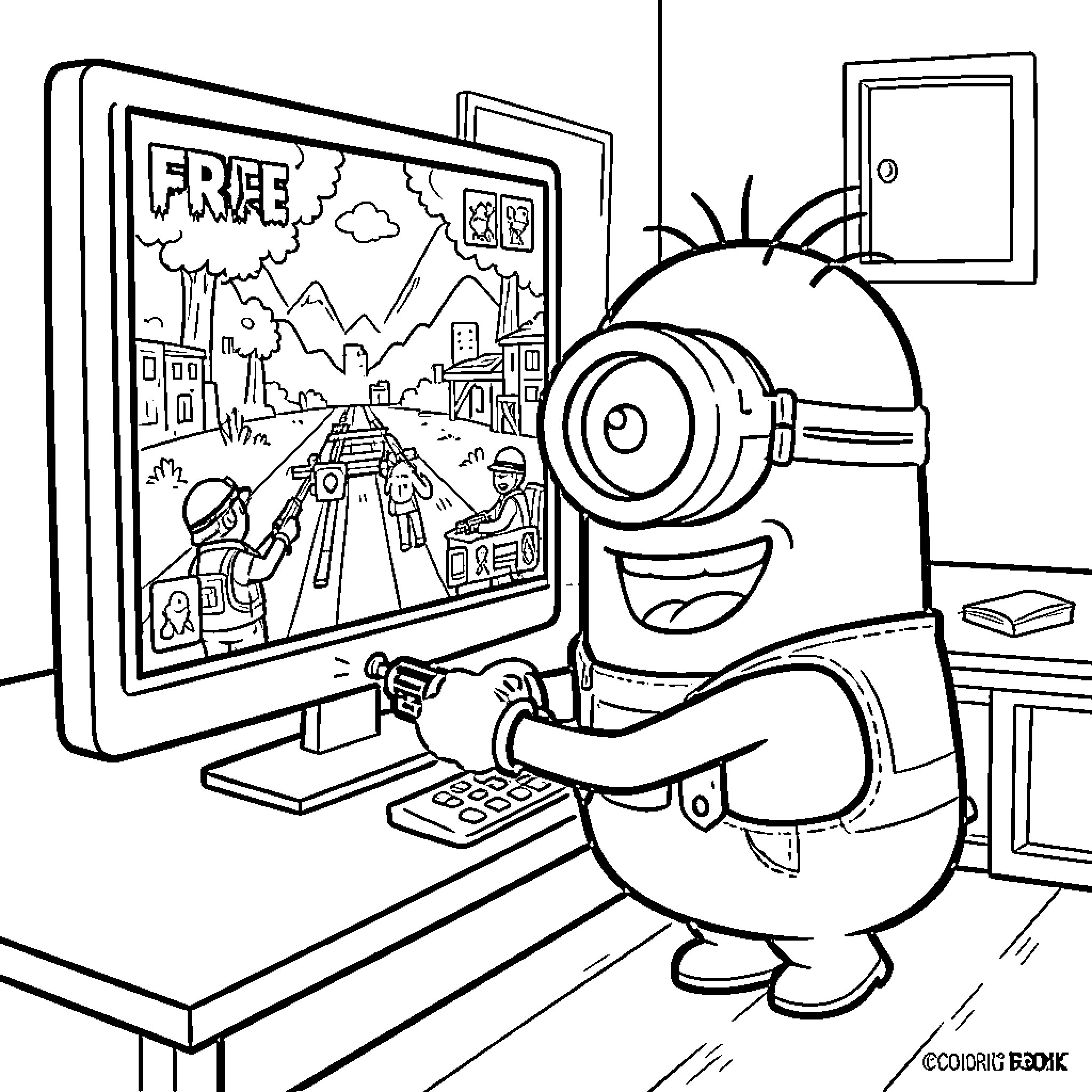 Minion happily playing a free video game Coloring Page (free black-and-white line drawing printable PDF for all, from beginners to advanced learners, including children, teens, adults, and seniors)