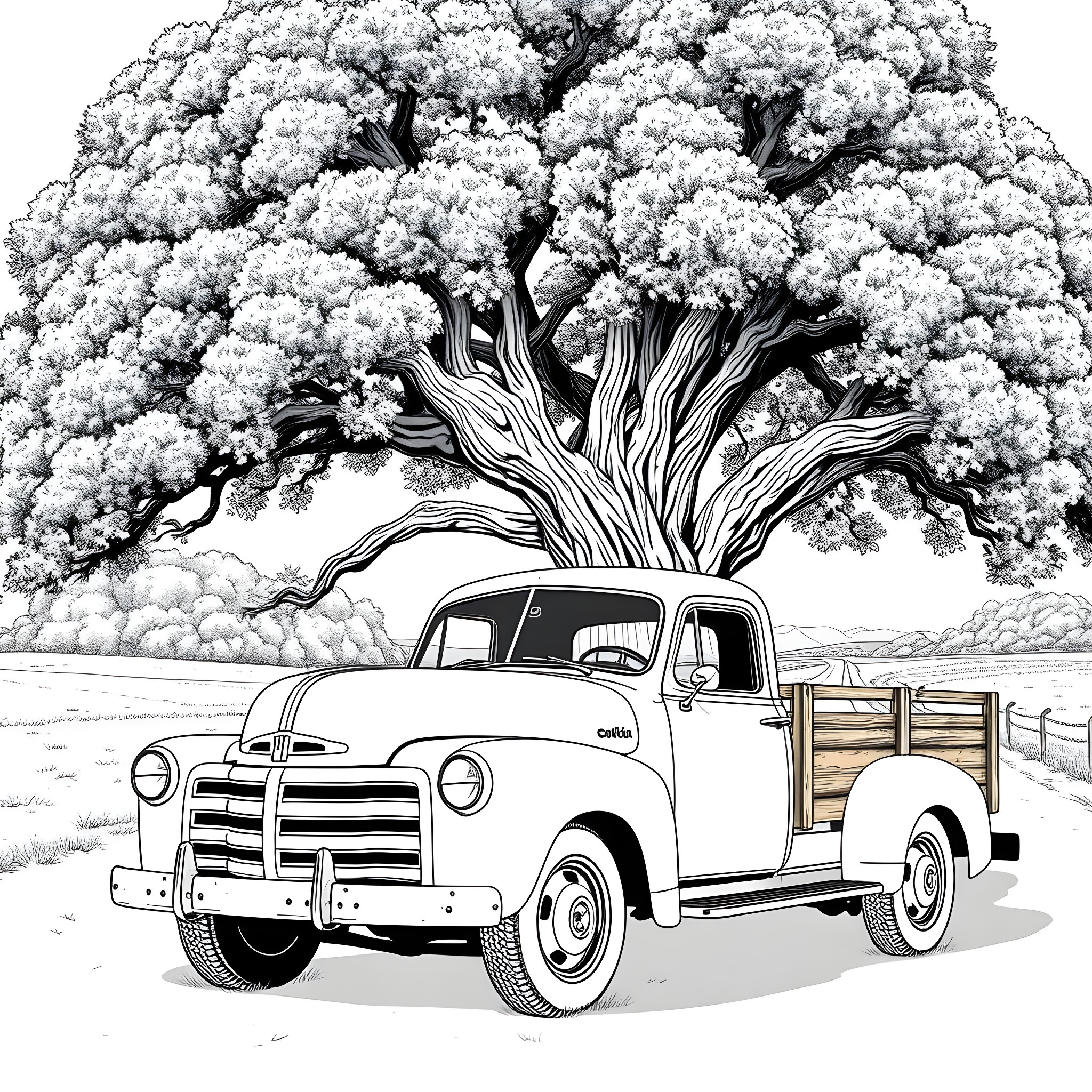 Truck Parked Under Snowy Tree Coloring Page (free black-and-white line drawing printable PDF for all, from beginners to advanced learners, including children, teens, adults, and seniors)