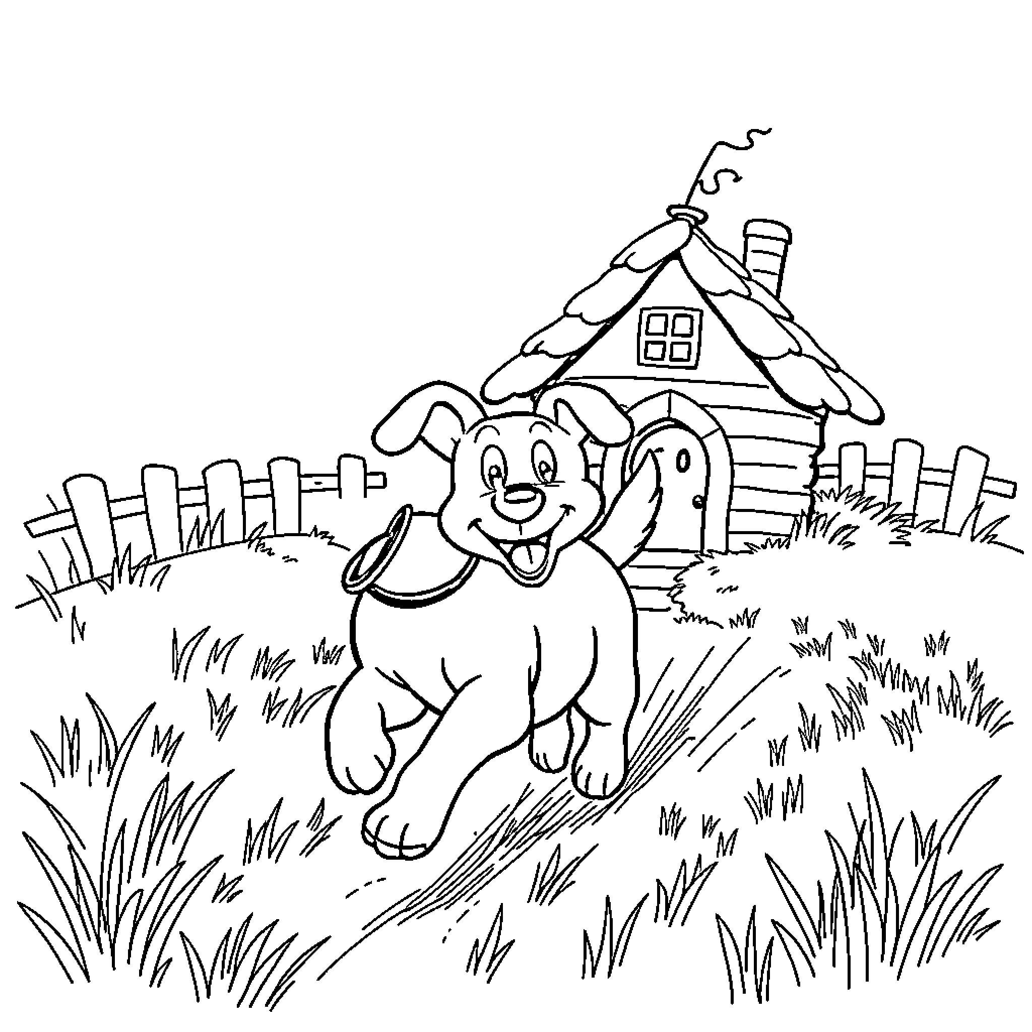 Dog playing happily in the countryside Coloring Page (free black-and-white line drawing printable PDF for all, from beginners to advanced learners, including children, teens, adults, and seniors)