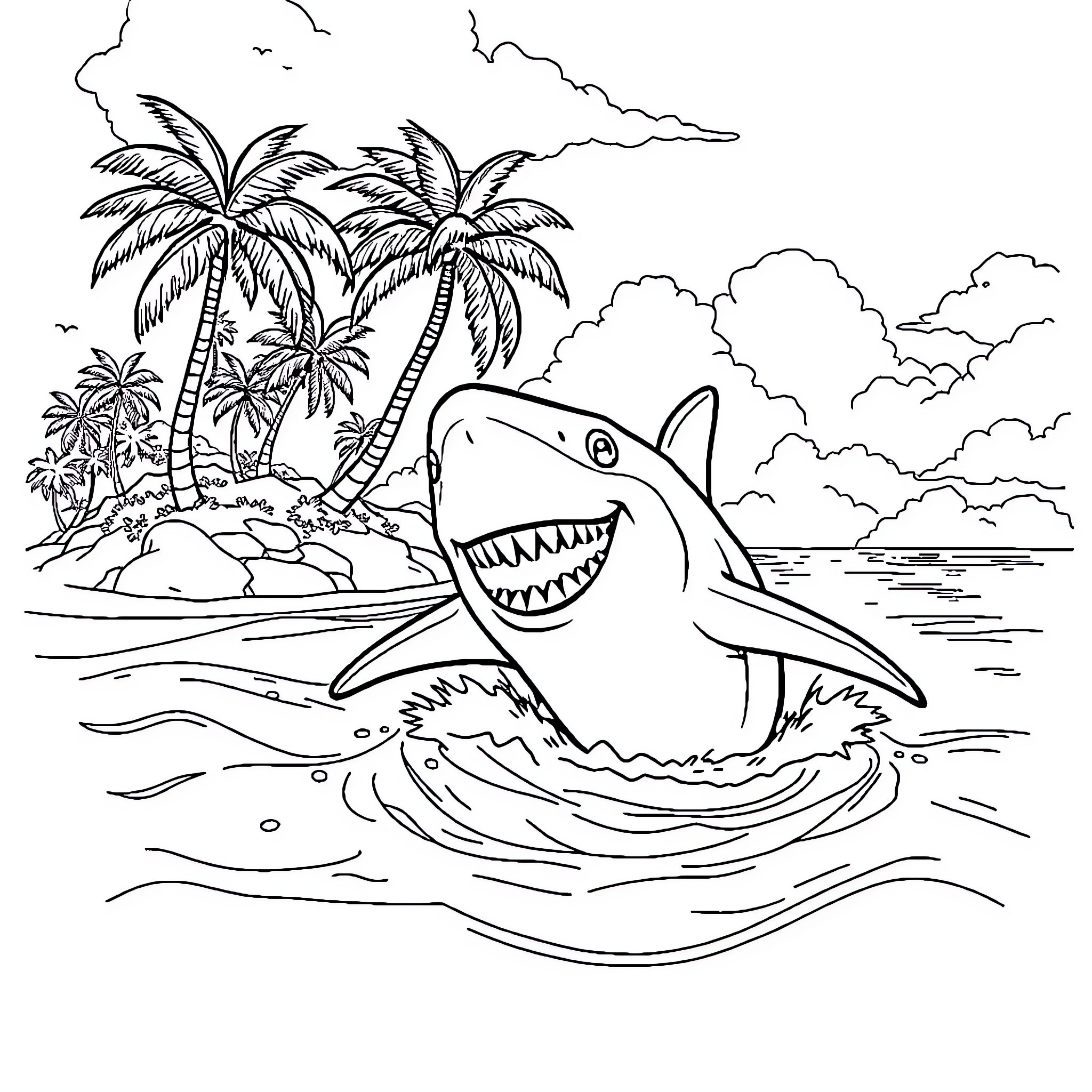 Shark swimming in tropical island waters Coloring Page (free black-and-white line drawing printable PDF for all, from beginners to advanced learners, including children, teens, adults, and seniors)