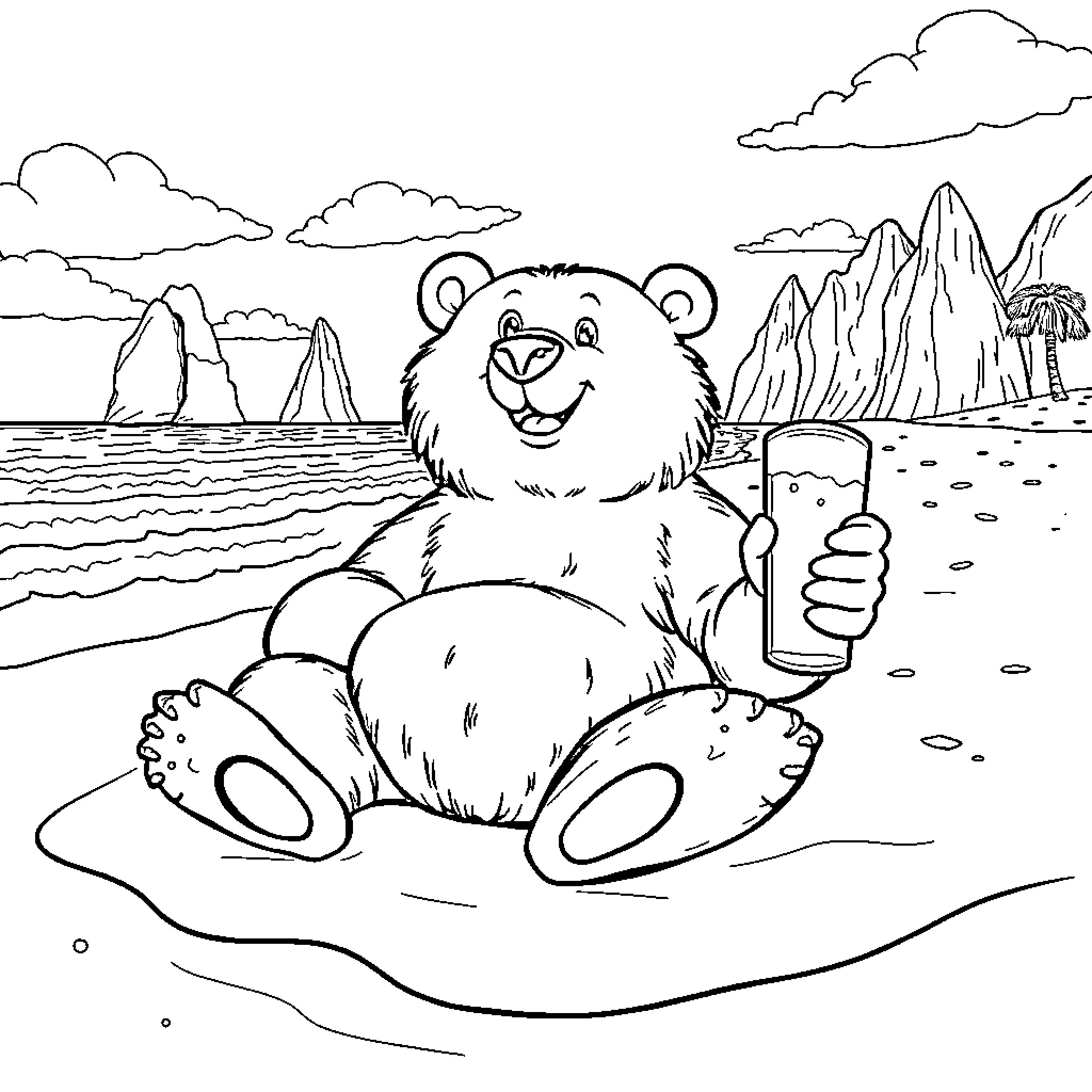 Bear taking a selfie on the beach Coloring Page (free black-and-white line drawing printable PDF for all, from beginners to advanced learners, including children, teens, adults, and seniors)