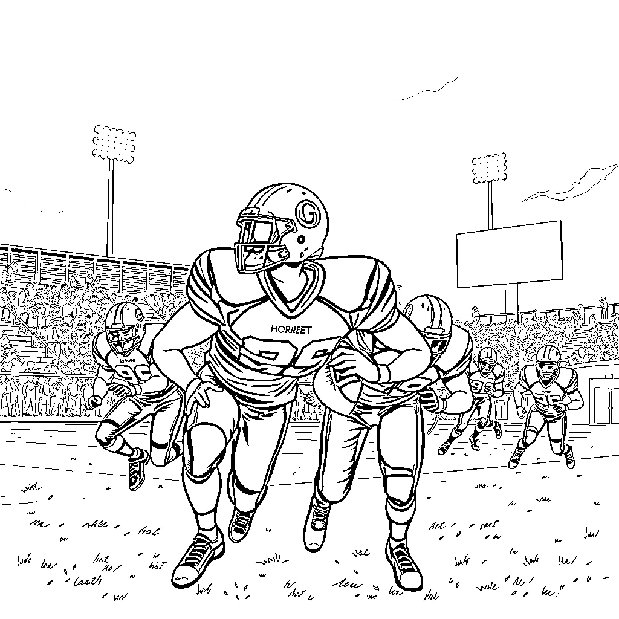 Hornet football players in intense game action Coloring Page (free black-and-white line drawing printable PDF for all, from beginners to advanced learners, including children, teens, adults, and seniors)