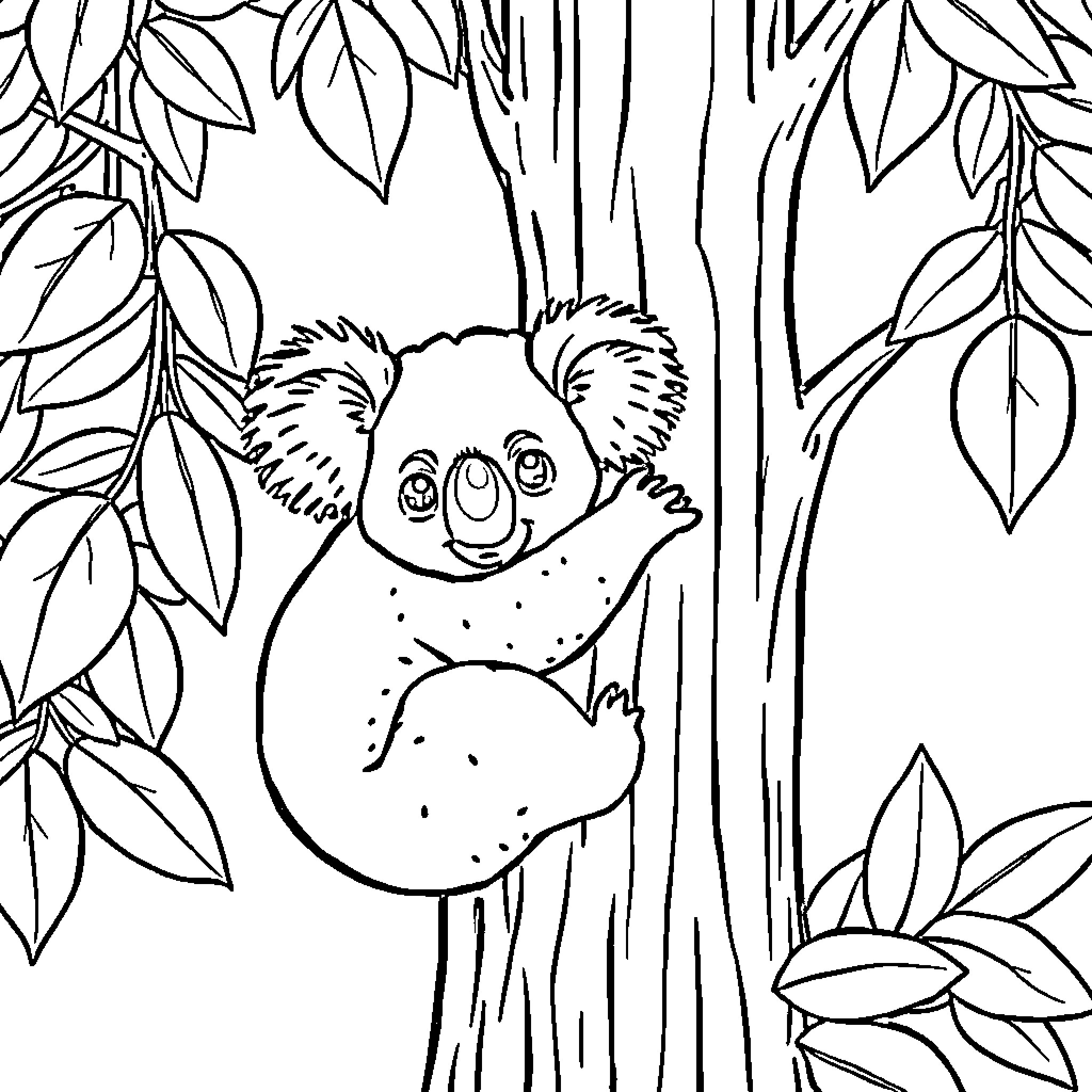 Koala climbing up the tree in the forest Coloring Page (free black-and-white line drawing printable PDF for all, from beginners to advanced learners, including children, teens, adults, and seniors)