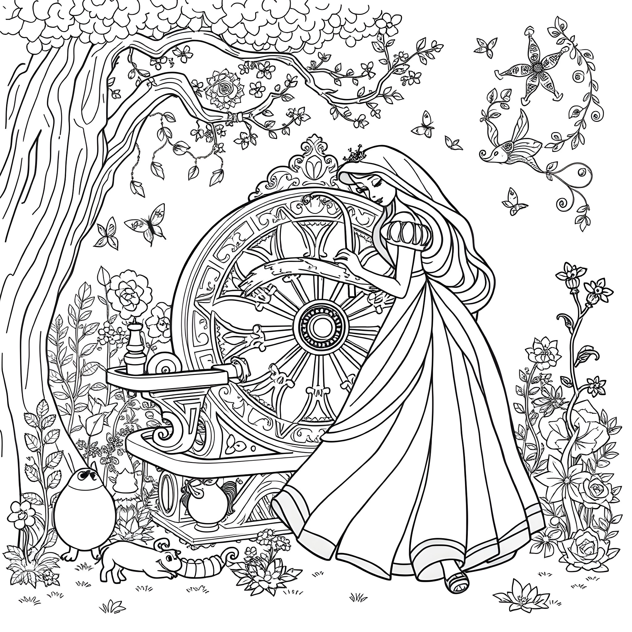 Sleeping Beauty in a magical forest with butterflies Coloring Page (free black-and-white line drawing printable PDF for all, from beginners to advanced learners, including children, teens, adults, and seniors)