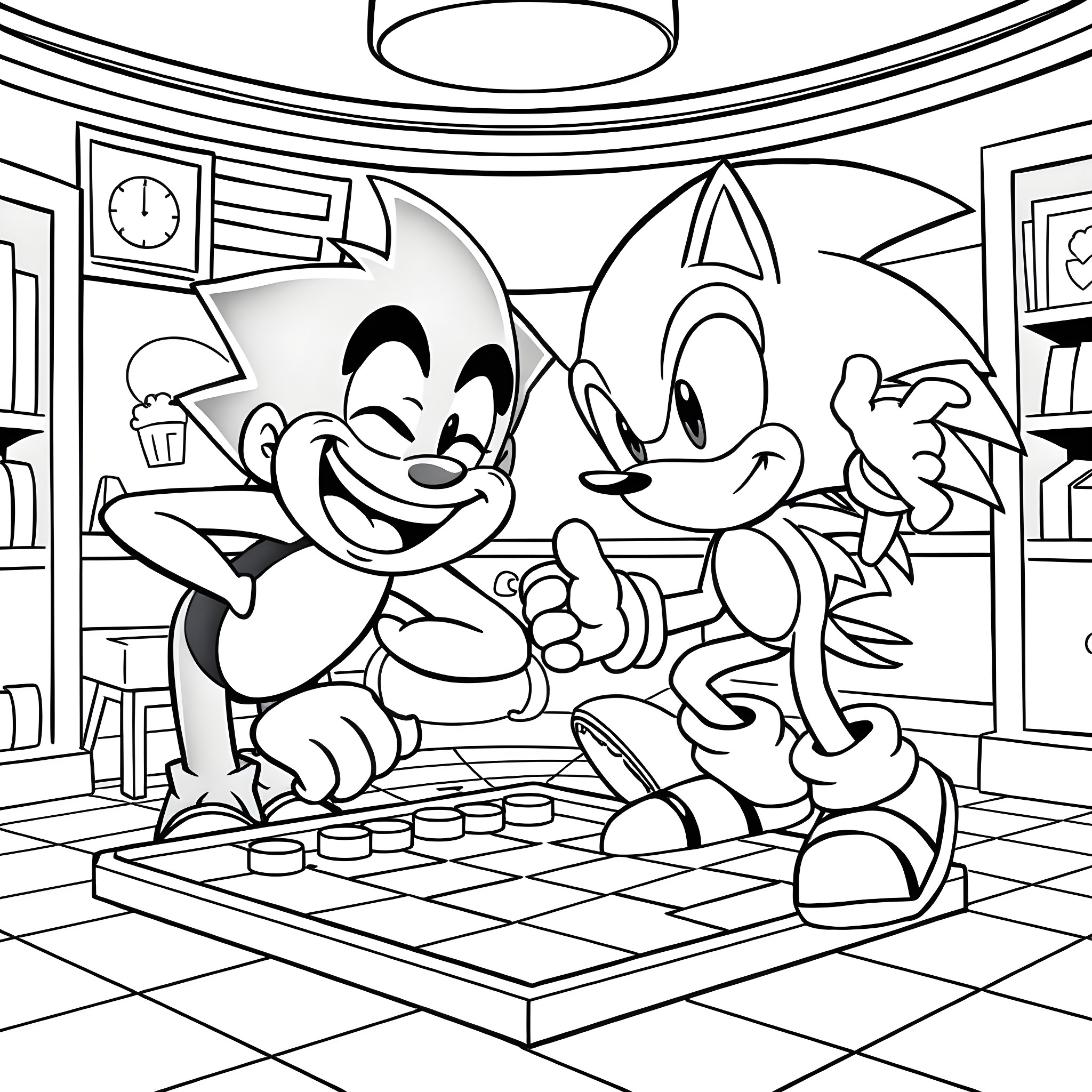 Jack Black and Sonic the Hedgehog playing chess together Coloring Page (free black-and-white line drawing printable PDF for all, from beginners to advanced learners, including children, teens, adults, and seniors)