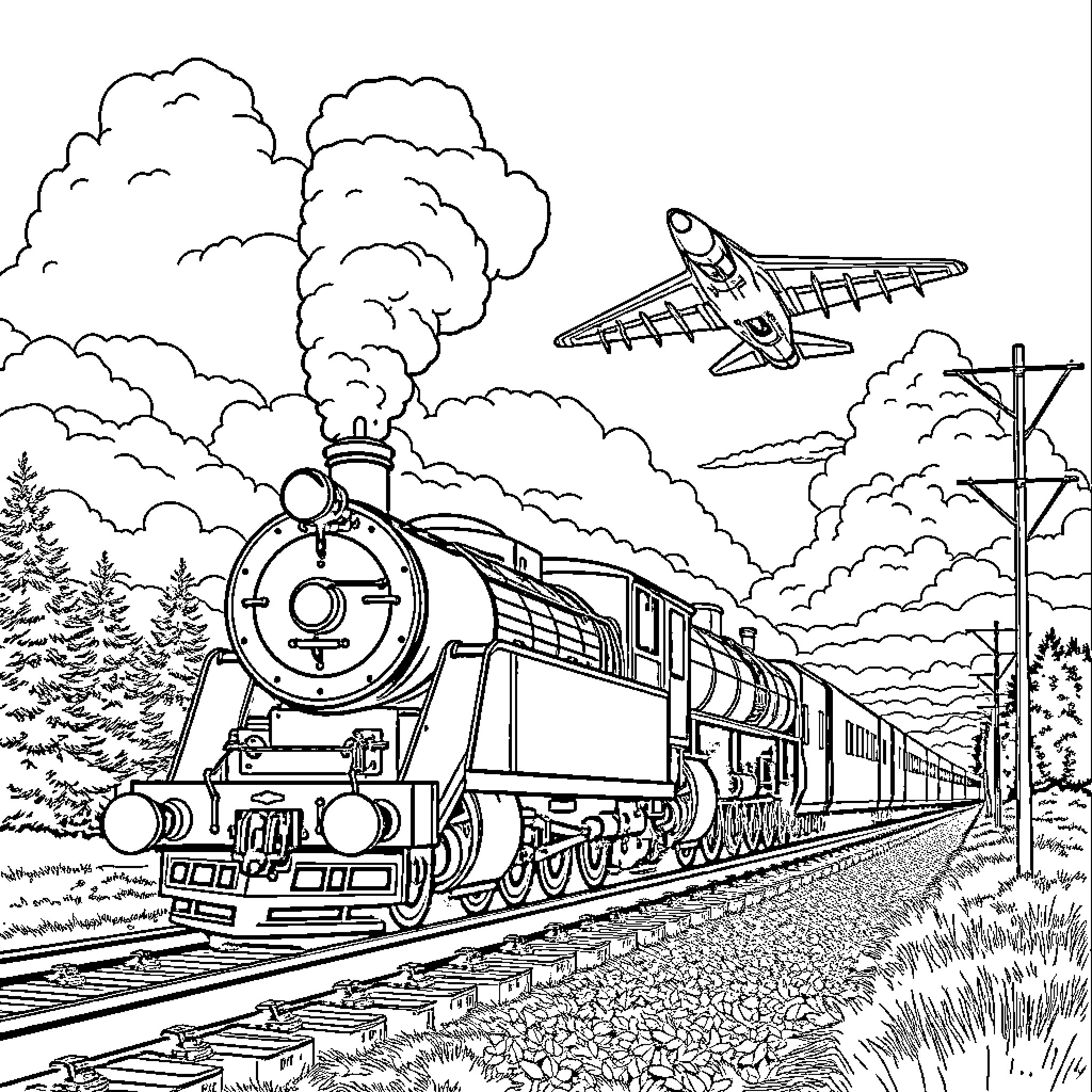 Train speeding through the countryside with a jet plane above Coloring Page (free black-and-white line drawing printable PDF for all, from beginners to advanced learners, including children, teens, adults, and seniors)