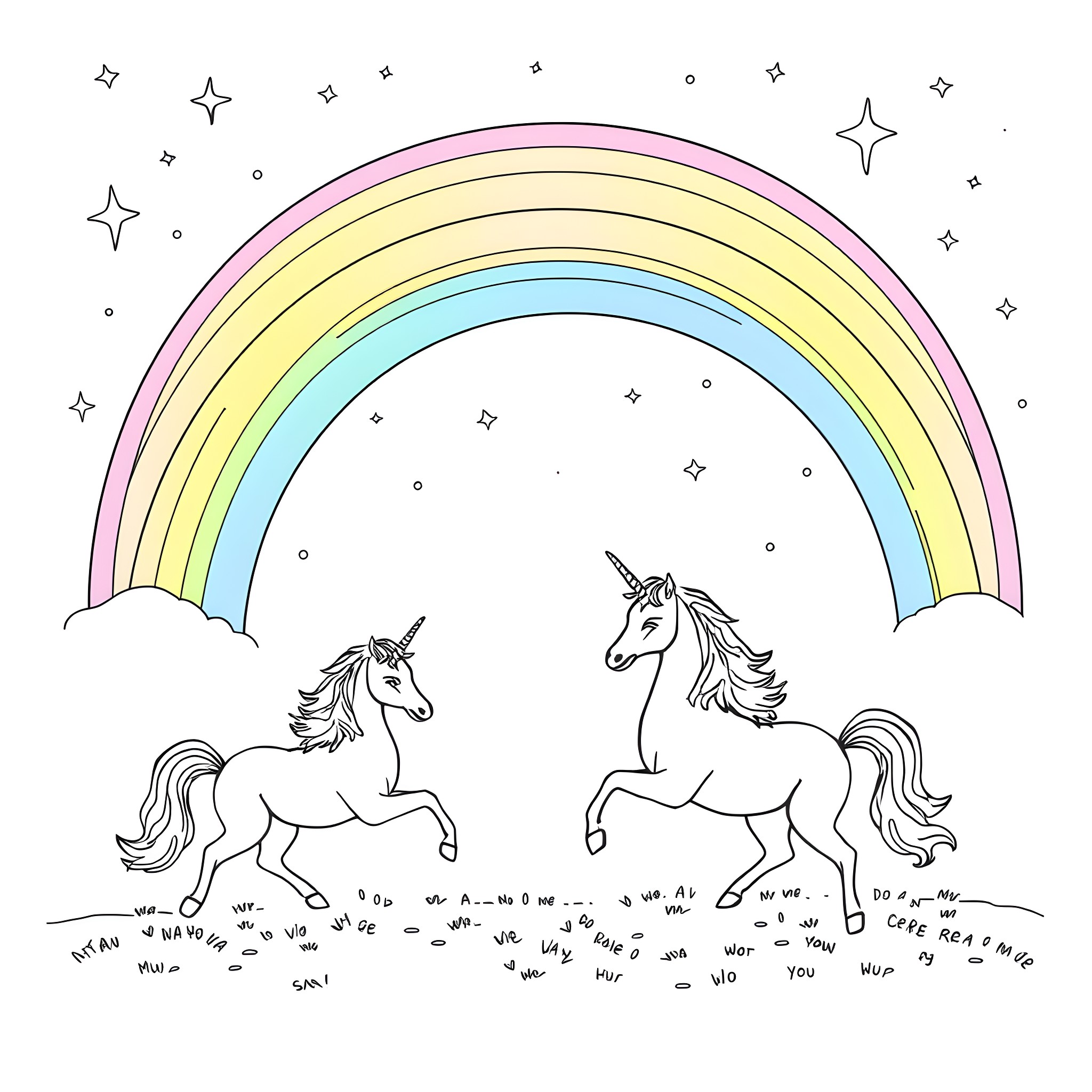 Unicorn Duo Prancing Under a Vibrant Rainbow Coloring Page (free black-and-white line drawing printable PDF for all, from beginners to advanced learners, including children, teens, adults, and seniors)