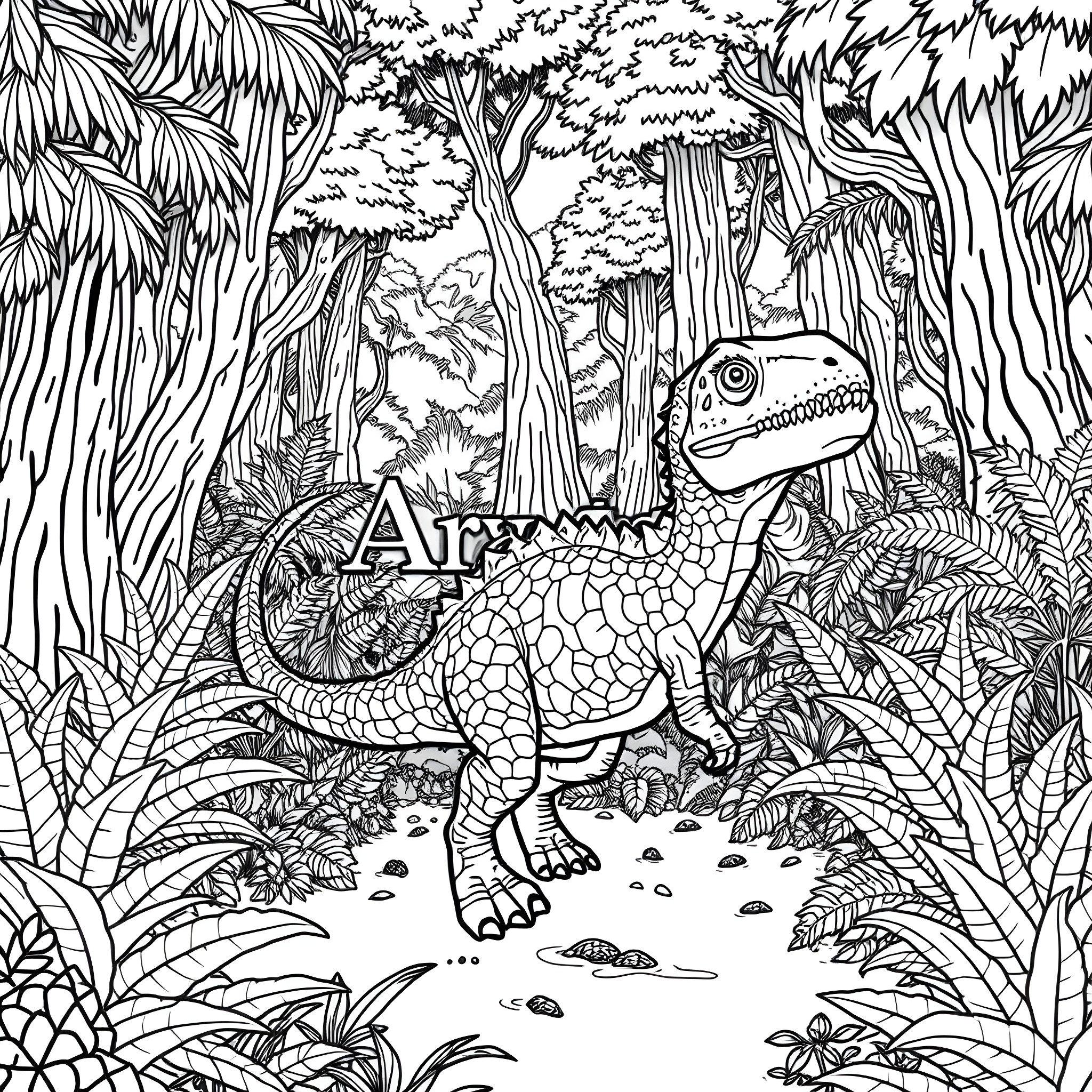 Dinosaur exploring the lush tropical forest Coloring Page (free black-and-white line drawing printable PDF for all, from beginners to advanced learners, including children, teens, adults, and seniors)