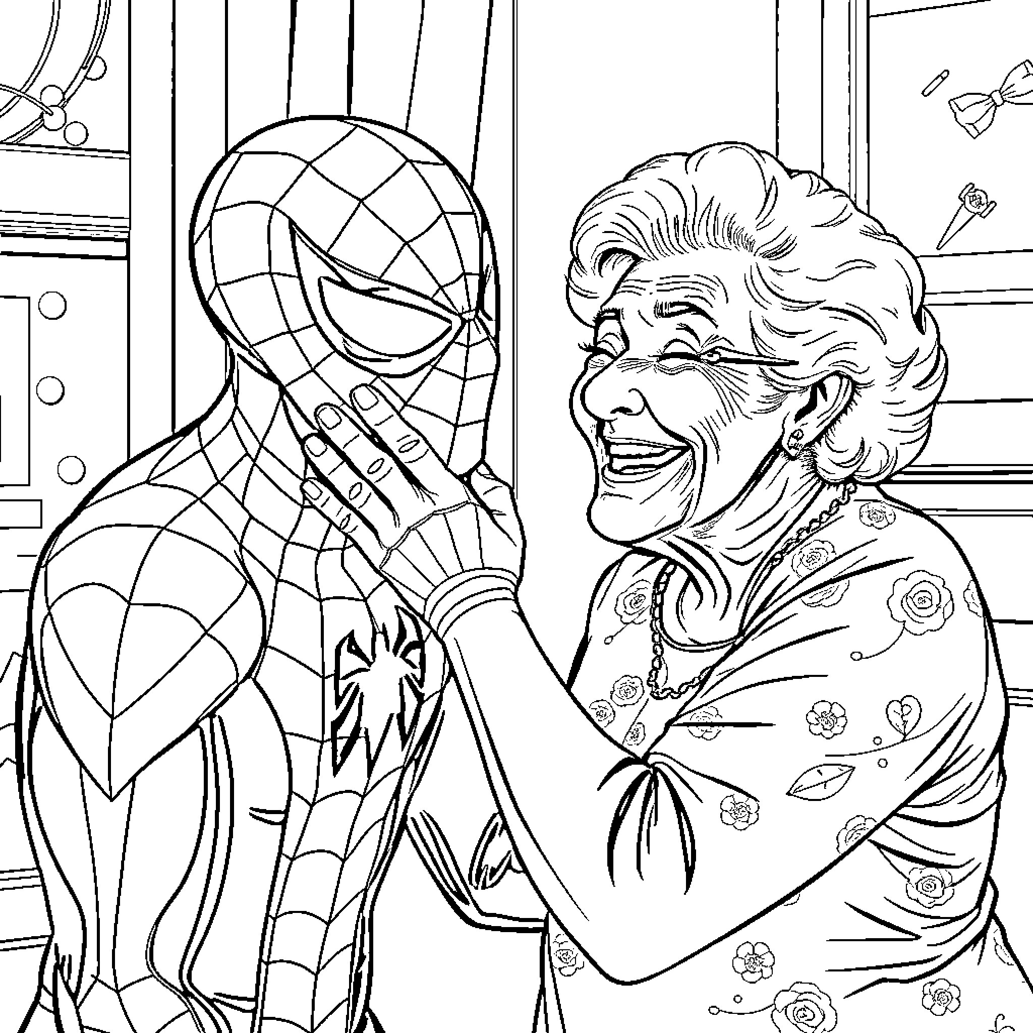 Spider-Man surprises a delighted elderly woman Coloring Page (free black-and-white line drawing printable PDF for all, from beginners to advanced learners, including children, teens, adults, and seniors)