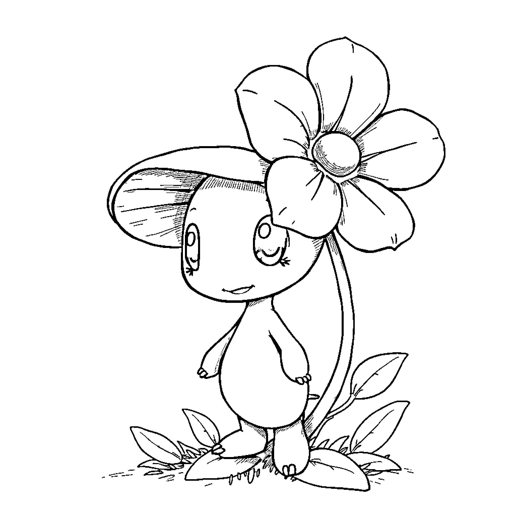 Pikman enjoying nature with a large flower Coloring Page (free black-and-white line drawing printable PDF for all, from beginners to advanced learners, including children, teens, adults, and seniors)