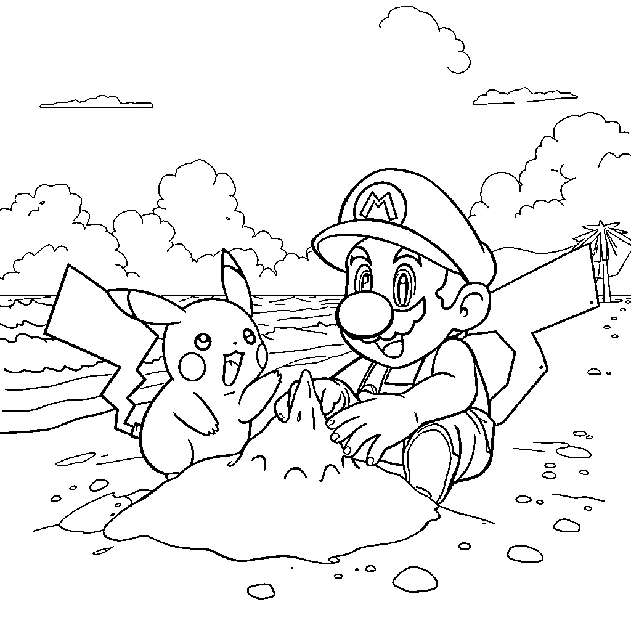 Mario and Pikachu playing on the beach Coloring Page (free black-and-white line drawing printable PDF for all, from beginners to advanced learners, including children, teens, adults, and seniors)