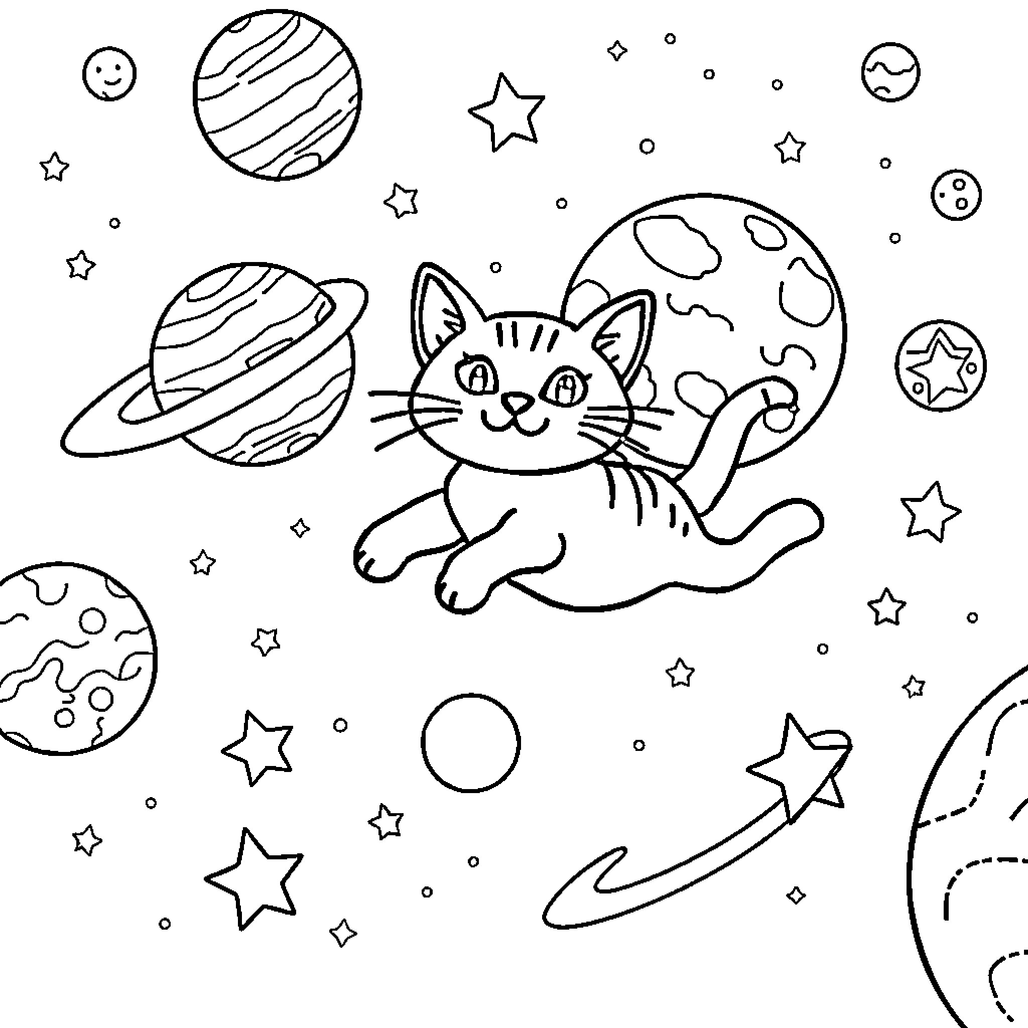 Cat exploring the cosmic space Coloring Page (free black-and-white line drawing printable PDF for all, from beginners to advanced learners, including children, teens, adults, and seniors)