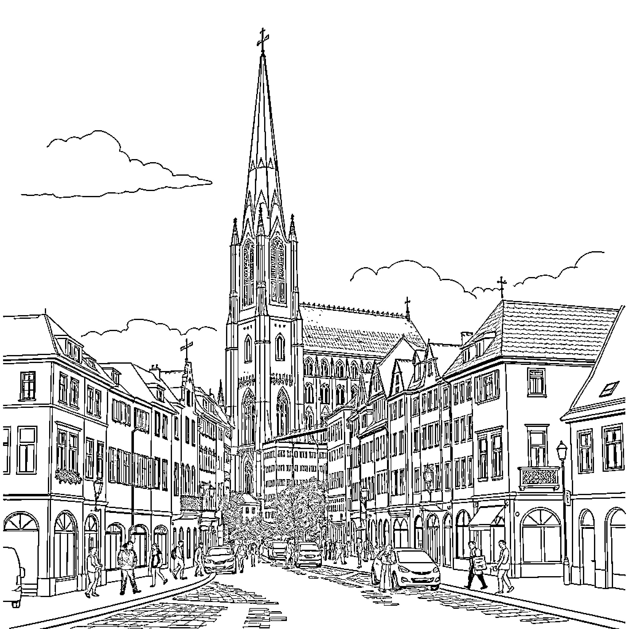 Częstochowa: Bustling City Street with Iconic Cathedral Coloring Page (free black-and-white line drawing printable PDF for all, from beginners to advanced learners, including children, teens, adults, and seniors)