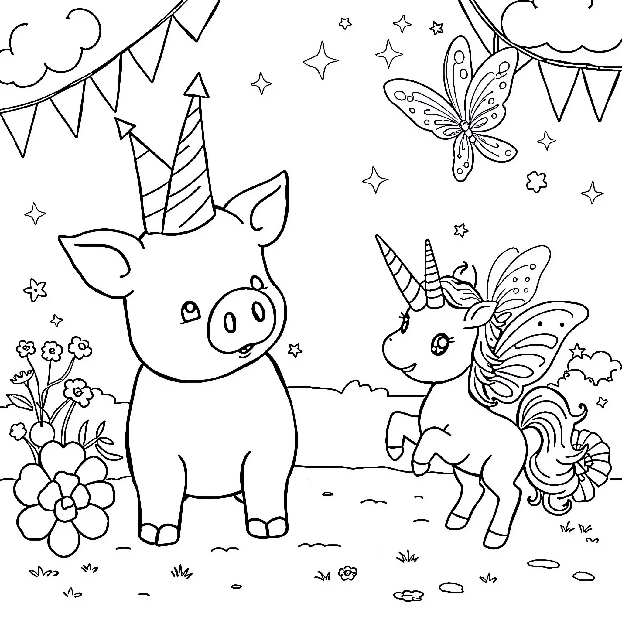 Unicorn and Pig Playing in Magical Garden Coloring Page (free black-and-white line drawing printable PDF for all, from beginners to advanced learners, including children, teens, adults, and seniors)