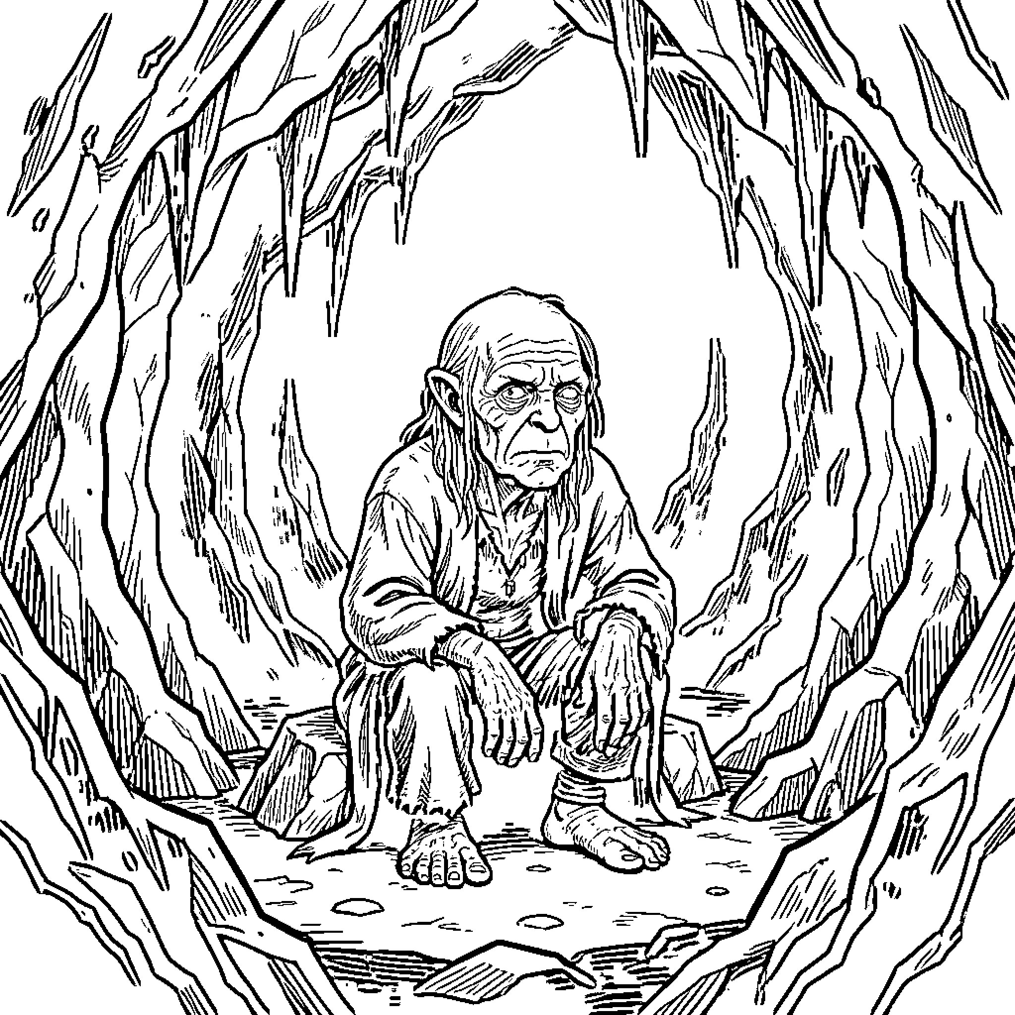 Gollum contemplating in the dark forest Coloring Page (free black-and-white line drawing printable PDF for all, from beginners to advanced learners, including children, teens, adults, and seniors)