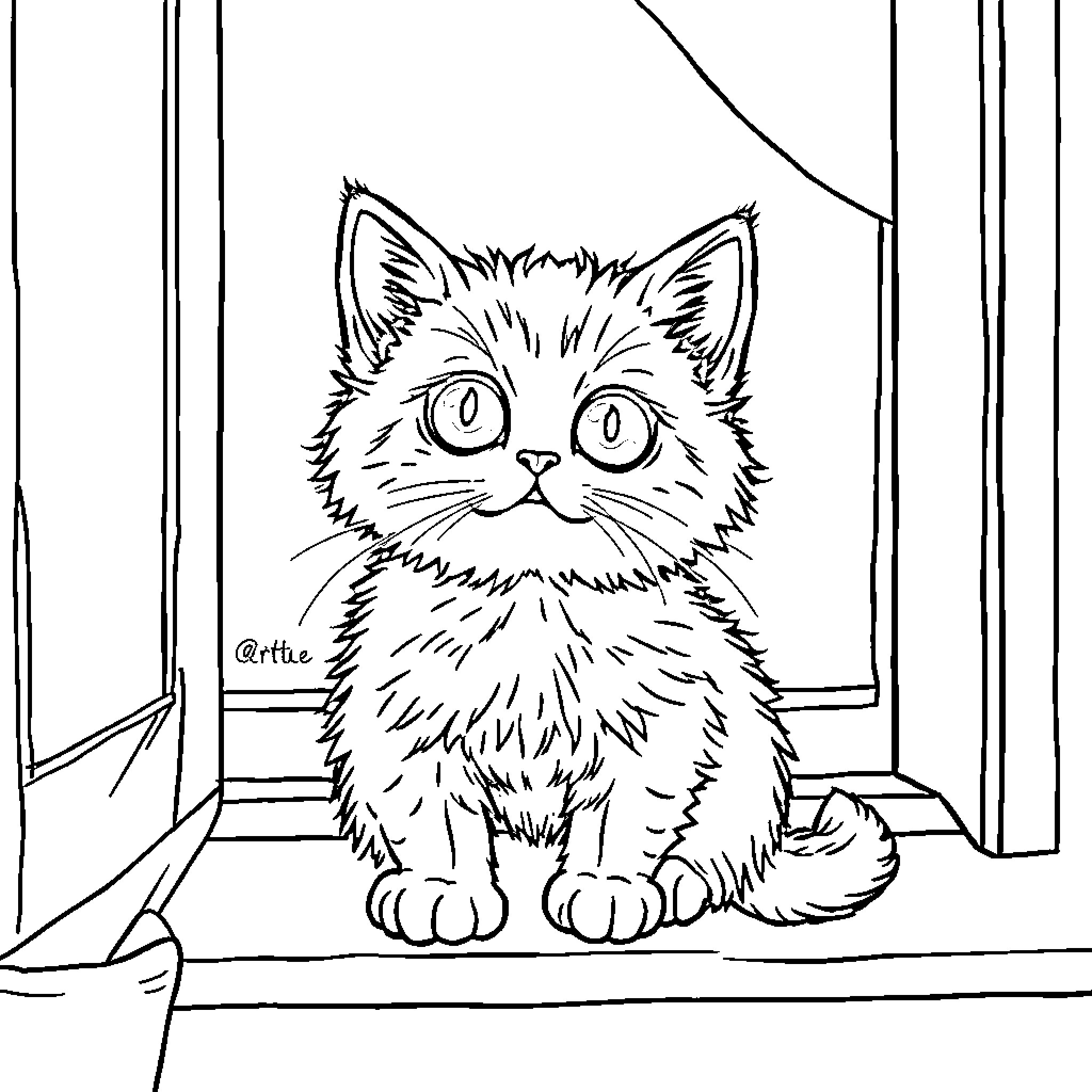 Cat sitting on a windowsill Coloring Page (free black-and-white line drawing printable PDF for all, from beginners to advanced learners, including children, teens, adults, and seniors)