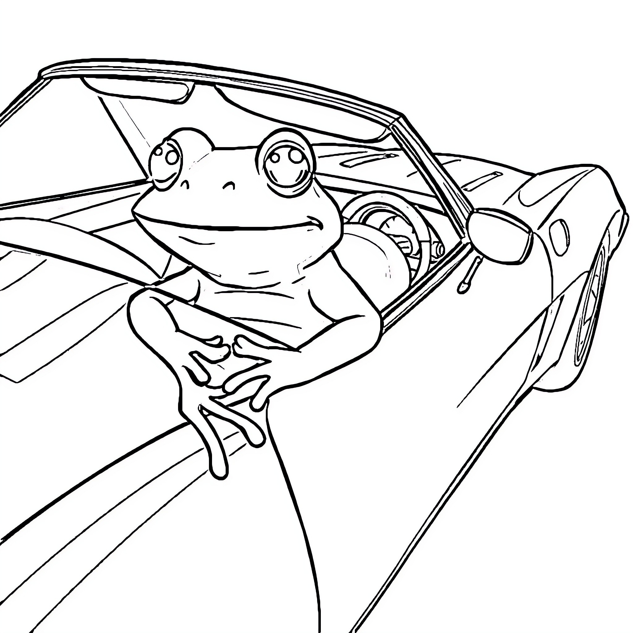 Frog hitching a ride in a car Coloring Page (free black-and-white line drawing printable PDF for all, from beginners to advanced learners, including children, teens, adults, and seniors)