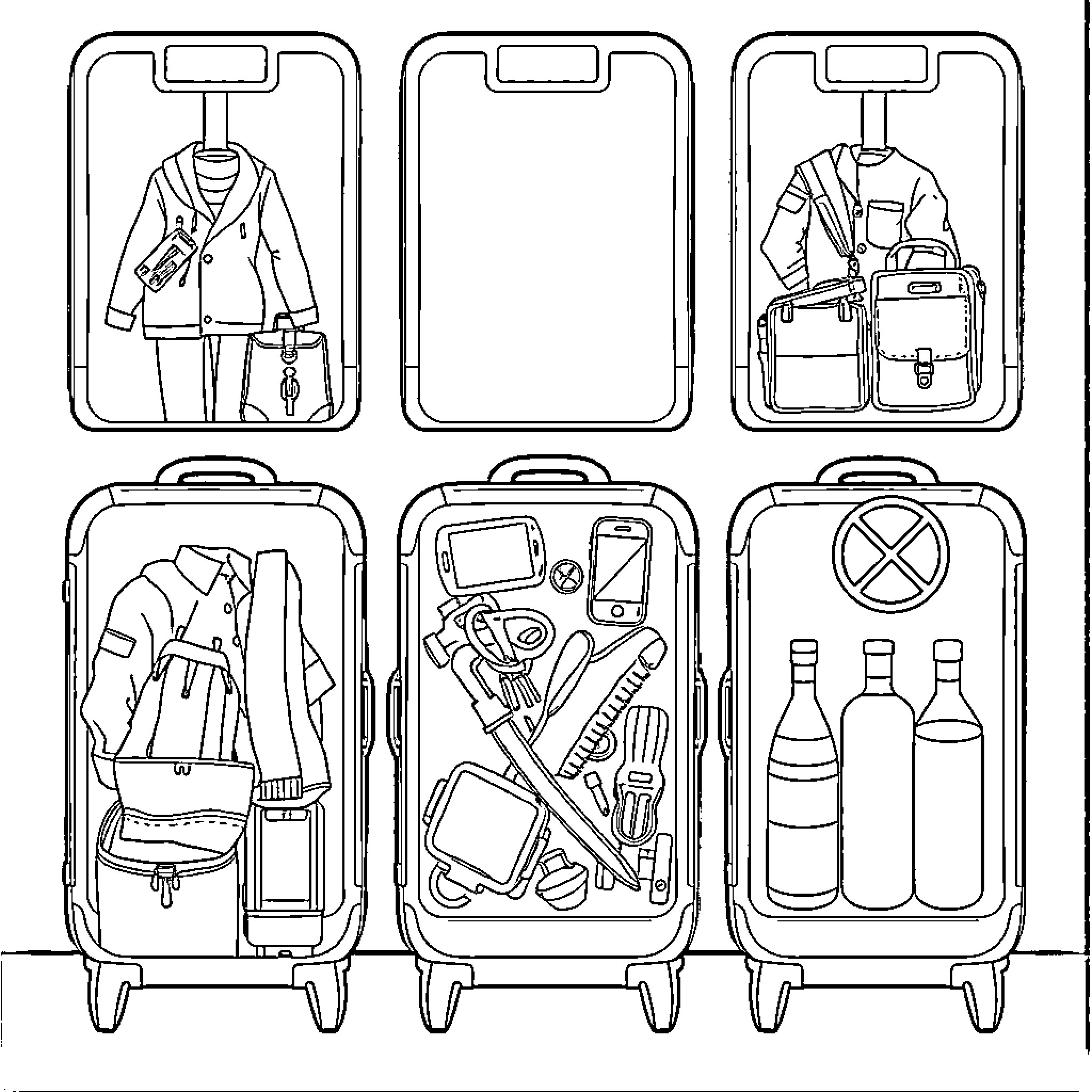 Luggage with packed outfits and travel essentials Coloring Page (free black-and-white line drawing printable PDF for all, from beginners to advanced learners, including children, teens, adults, and seniors)