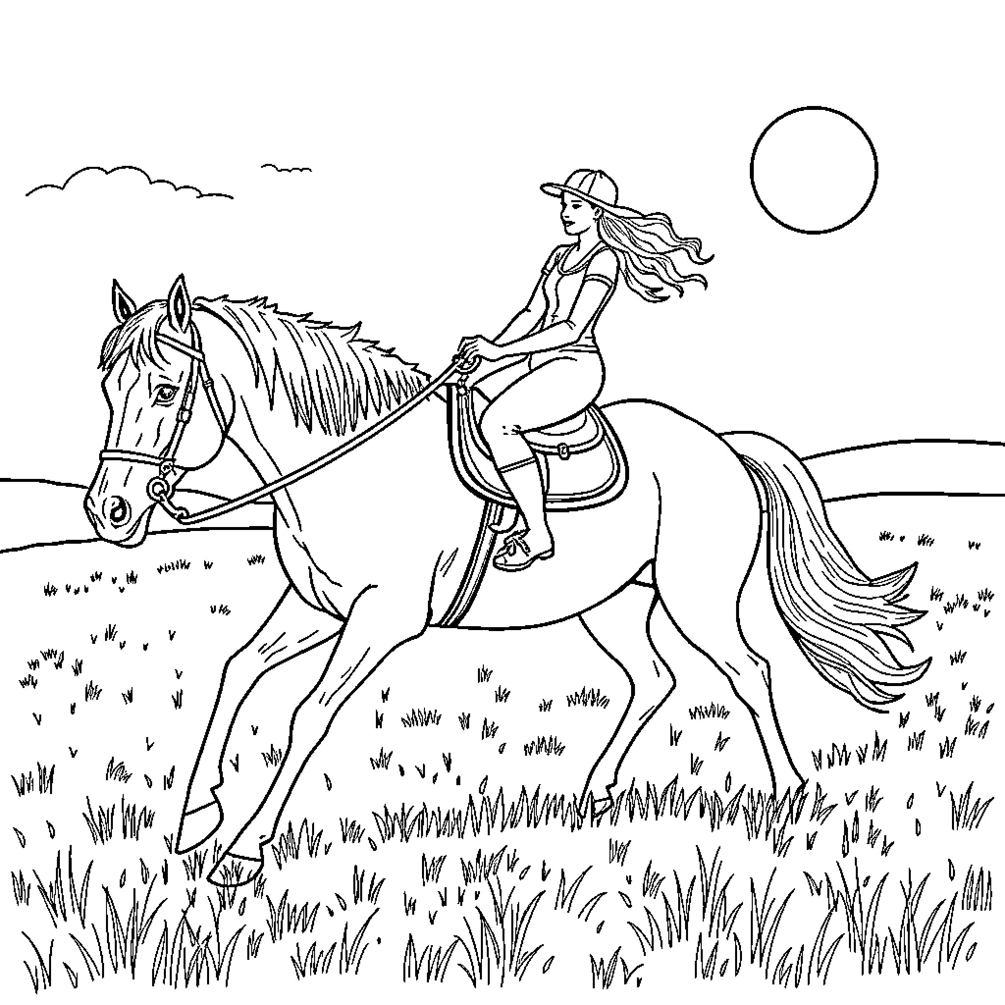 Horse rider enjoying scenic countryside ride Coloring Page (free black-and-white line drawing printable PDF for all, from beginners to advanced learners, including children, teens, adults, and seniors)