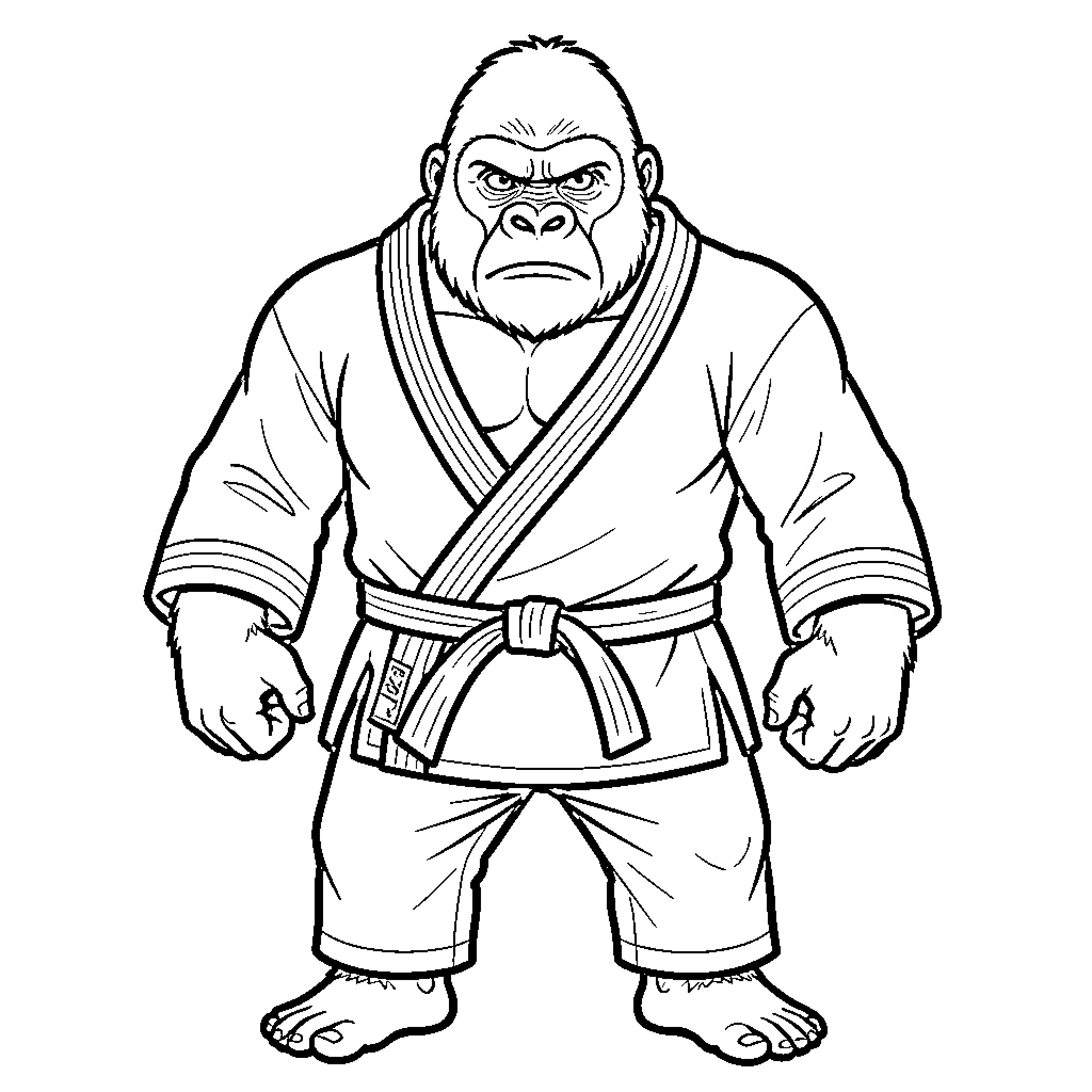 Gorilla martial artist in fighting stance Coloring Page (free black-and-white line drawing printable PDF for all, from beginners to advanced learners, including children, teens, adults, and seniors)