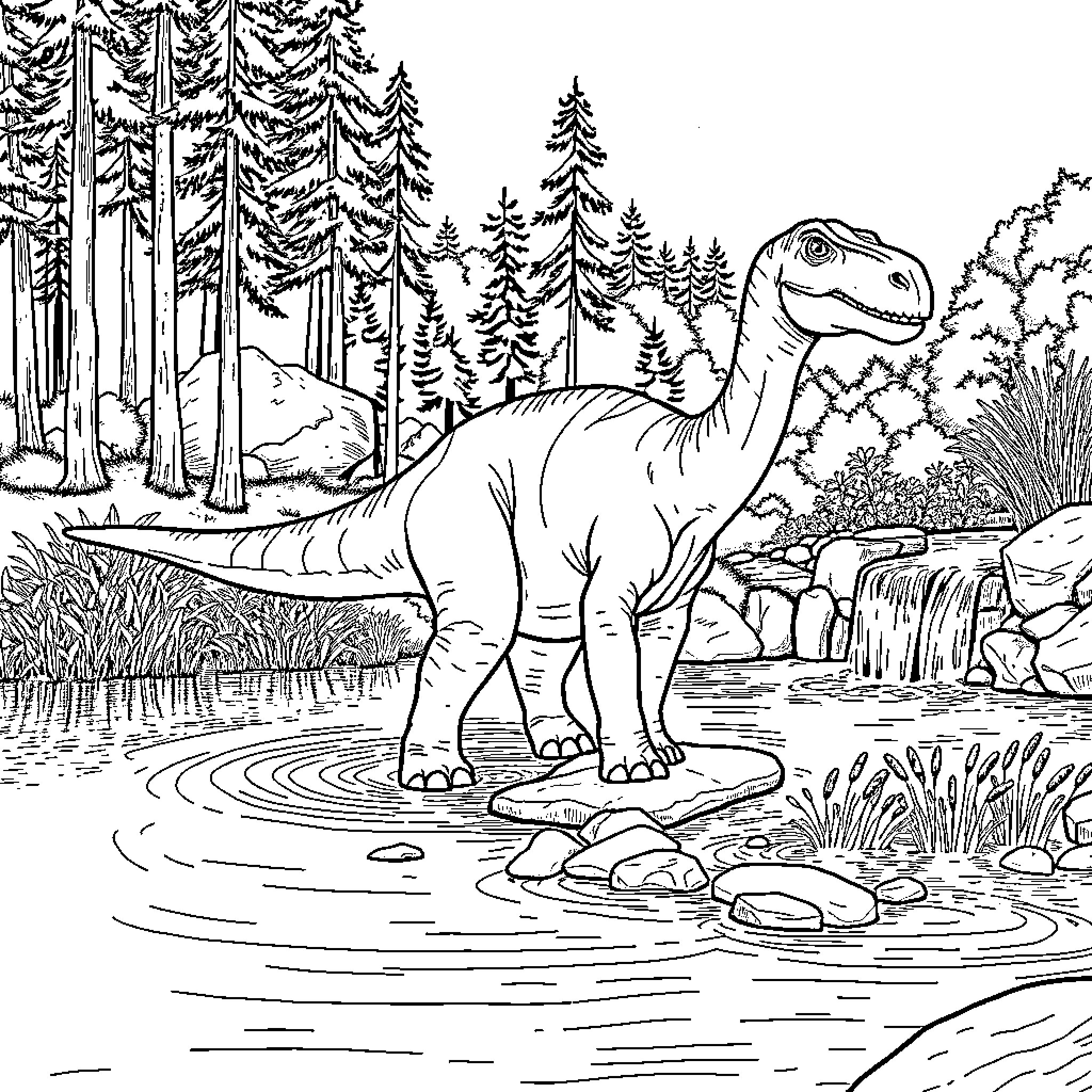 Brachiosaurus exploring a lush prehistoric landscape Coloring Page (free black-and-white line drawing printable PDF for all, from beginners to advanced learners, including children, teens, adults, and seniors)