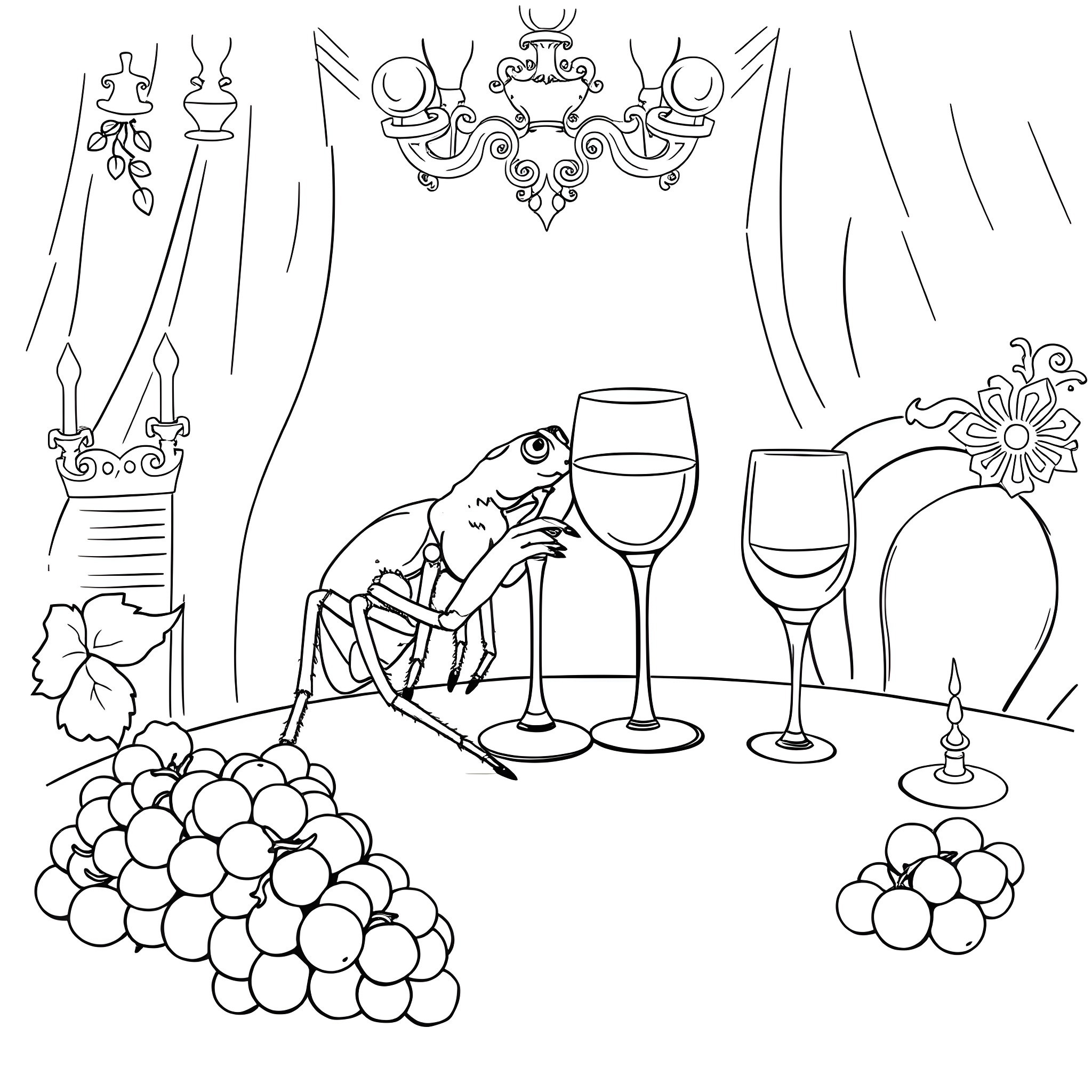 Spider enjoying a glass of wine at a table Coloring Page (free black-and-white line drawing printable PDF for all, from beginners to advanced learners, including children, teens, adults, and seniors)