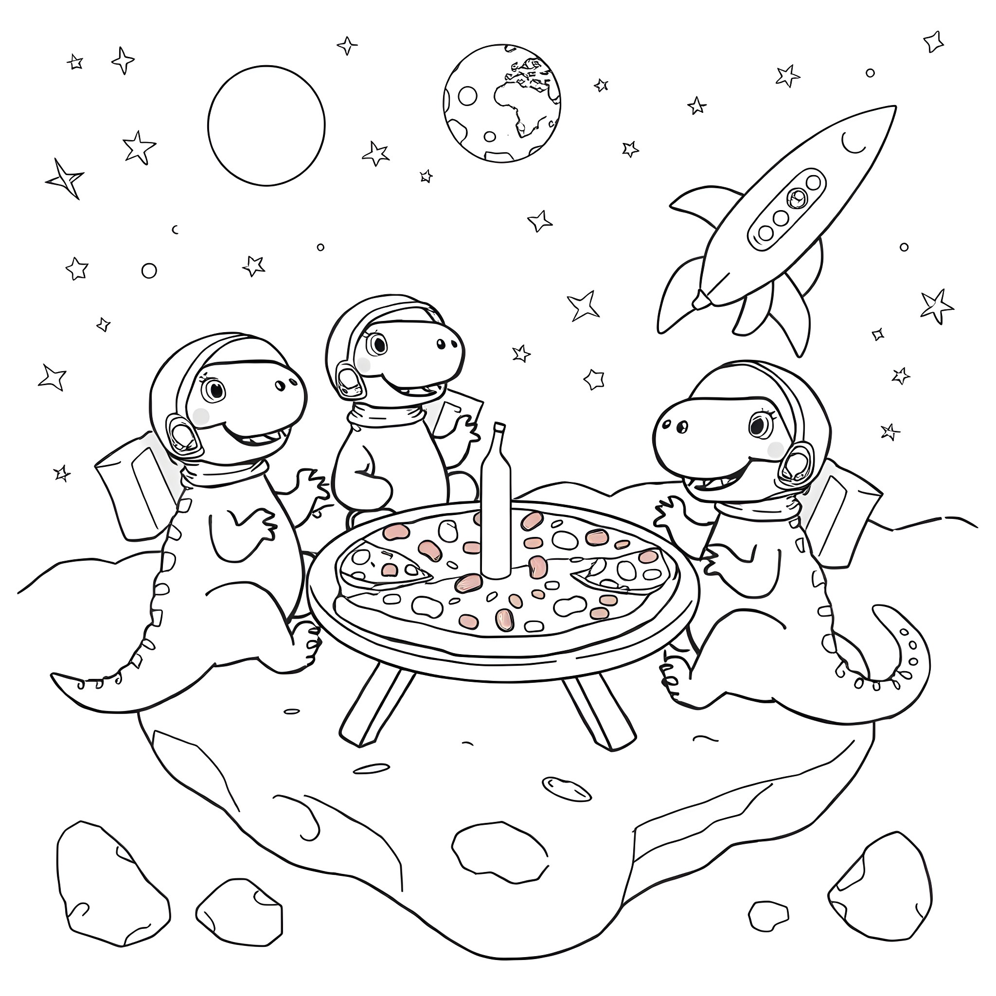 Dinosaur astronauts enjoying a pizza party in space Coloring Page (free black-and-white line drawing printable PDF for all, from beginners to advanced learners, including children, teens, adults, and seniors)