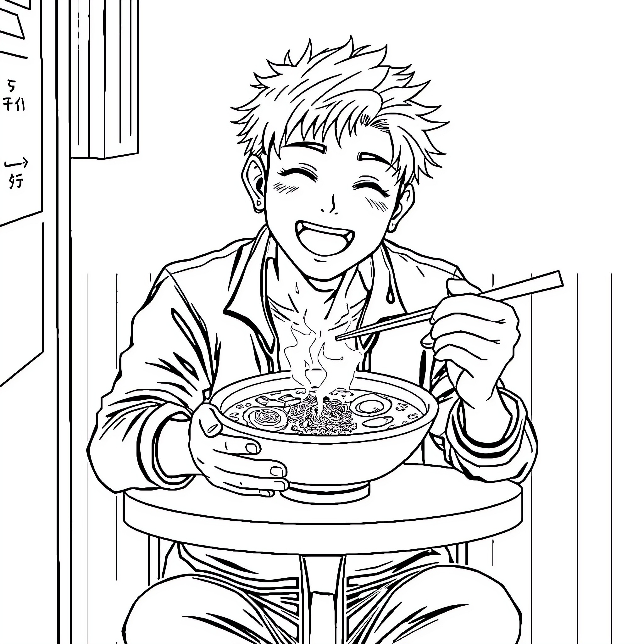 Dan Hibiki enthusiastically enjoying a bowl of food Coloring Page (free black-and-white line drawing printable PDF for all, from beginners to advanced learners, including children, teens, adults, and seniors)