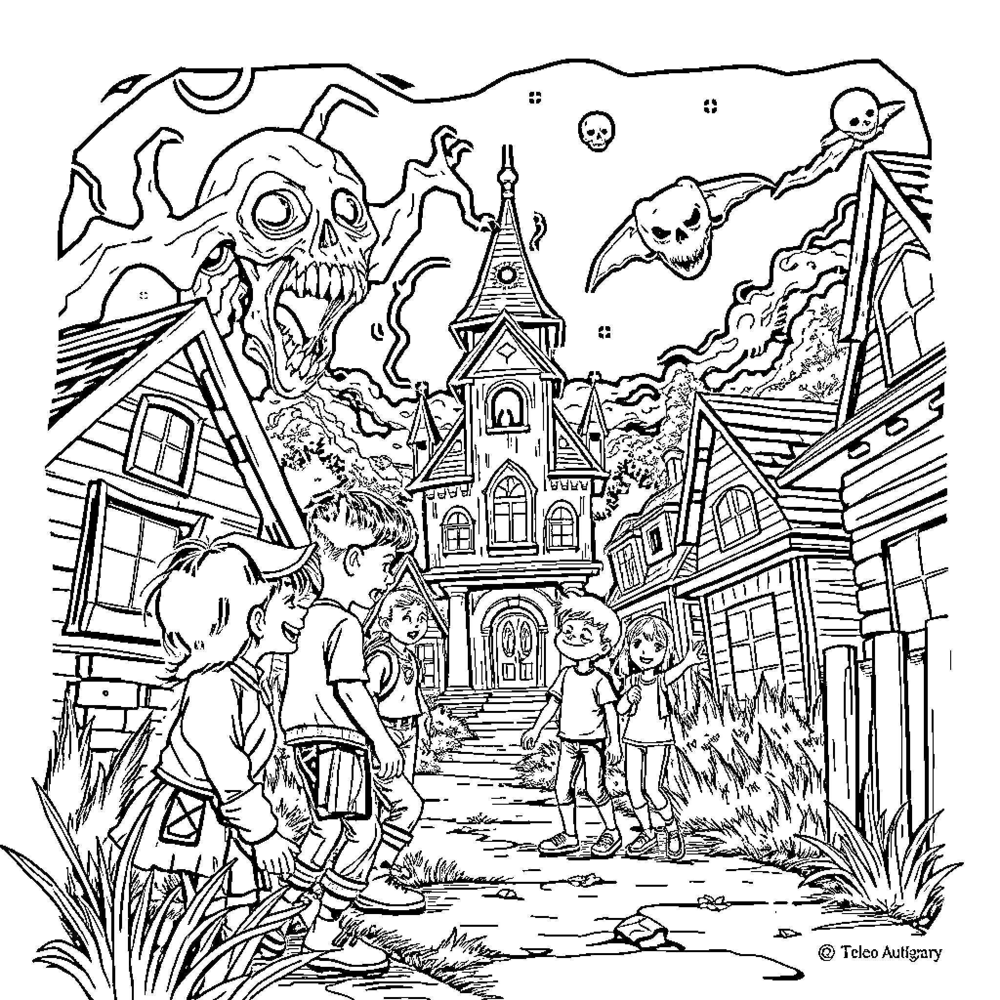 Stranger Things: Spooky Adventures in an Eerie Town Coloring Page (free black-and-white line drawing printable PDF for all, from beginners to advanced learners, including children, teens, adults, and seniors)