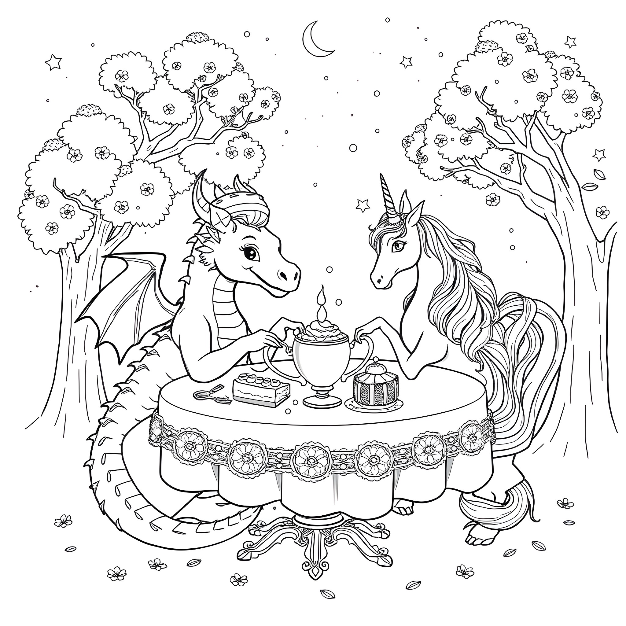 Dragon and Unicorn Sharing a Magical Tea Party Coloring Page (free black-and-white line drawing printable PDF for all, from beginners to advanced learners, including children, teens, adults, and seniors)