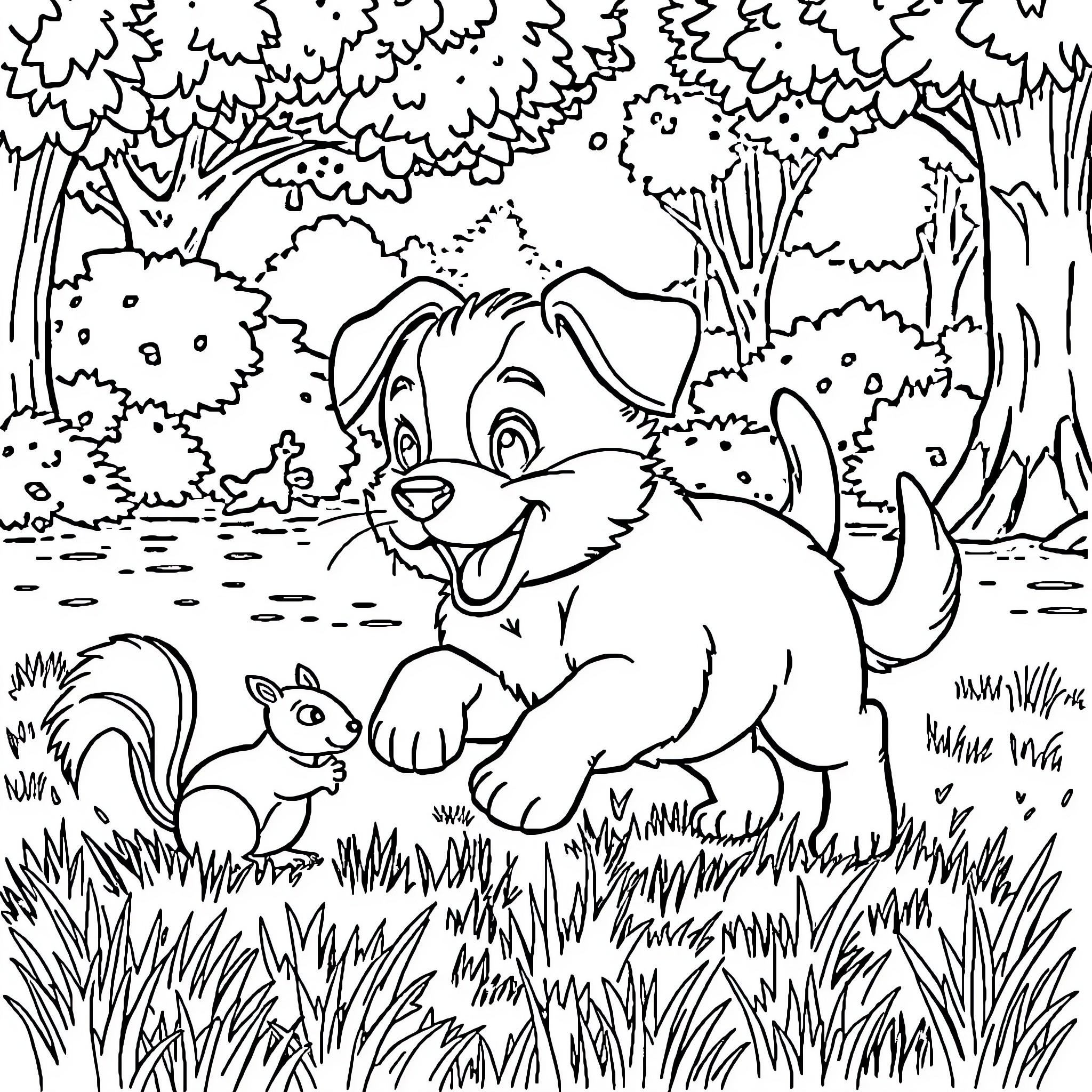 Puppy exploring the forest with a squirrel Coloring Page (free black-and-white line drawing printable PDF for all, from beginners to advanced learners, including children, teens, adults, and seniors)
