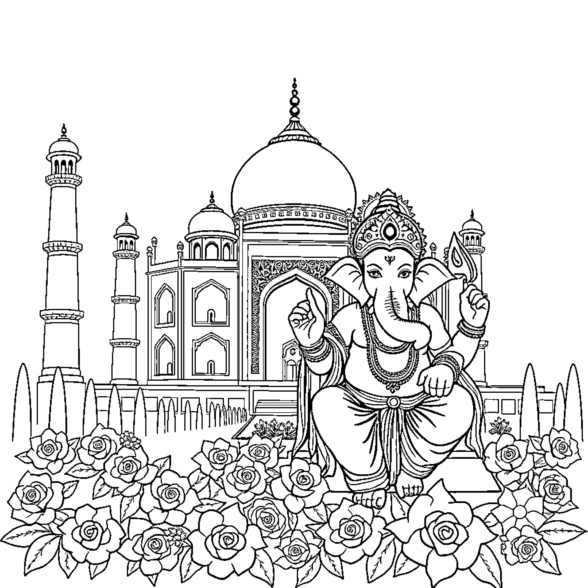 Buddha Ganesha at a Magnificent Palace Coloring Page (free black-and-white line drawing printable PDF for all, from beginners to advanced learners, including children, teens, adults, and seniors)