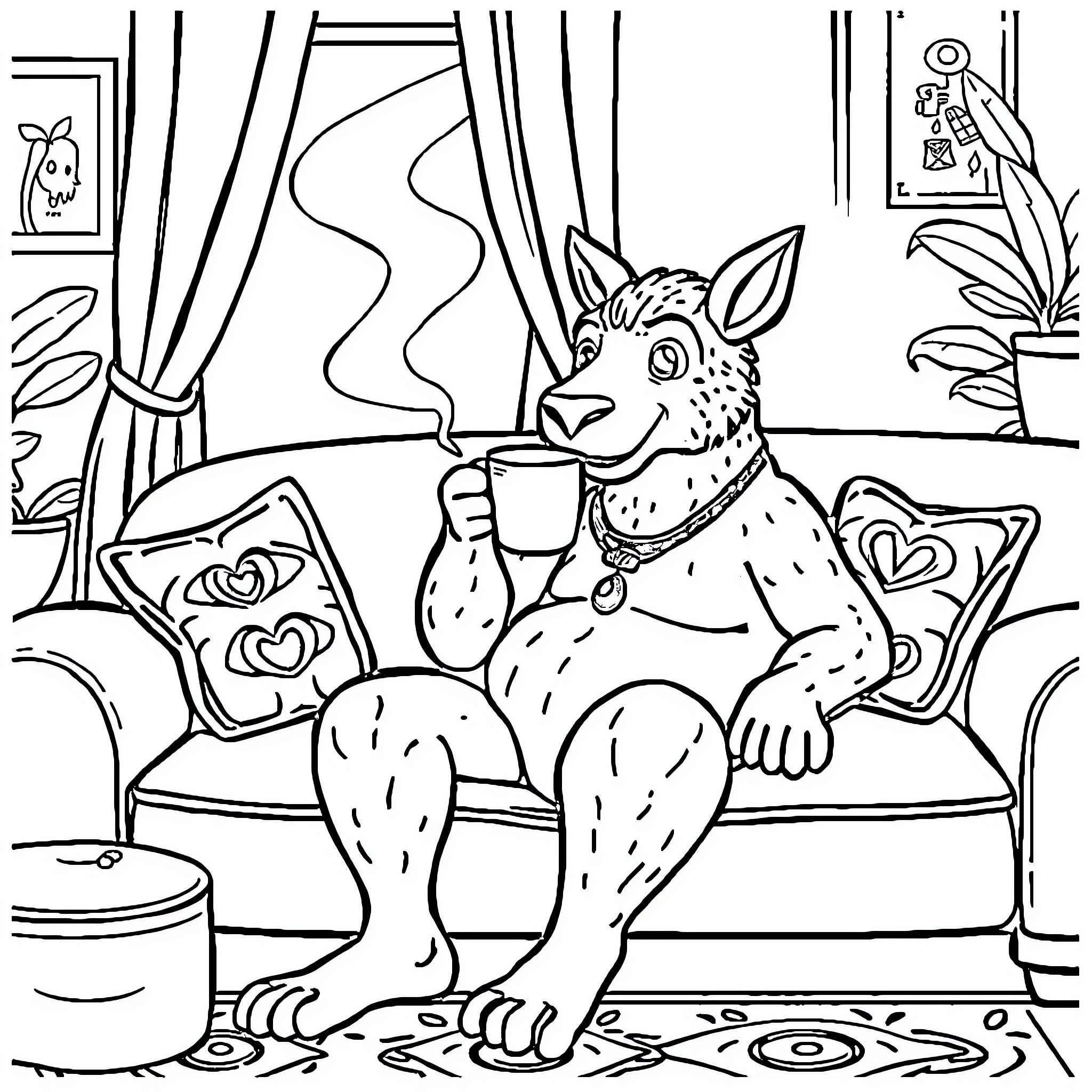 Labubu enjoying a cozy morning in their home Coloring Page (free black-and-white line drawing printable PDF for all, from beginners to advanced learners, including children, teens, adults, and seniors)