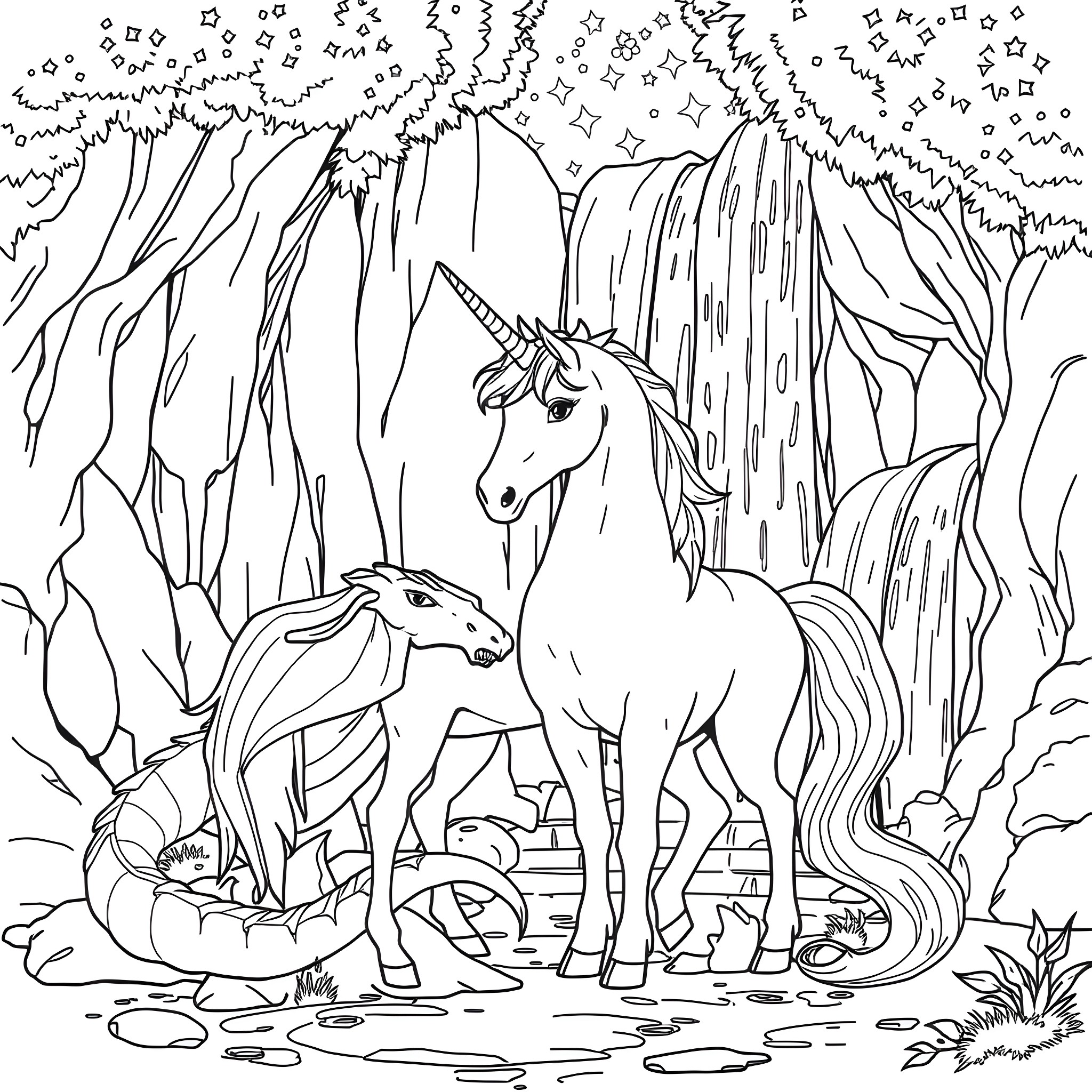 Unicorn family in the magical forest Coloring Page (free black-and-white line drawing printable PDF for all, from beginners to advanced learners, including children, teens, adults, and seniors)