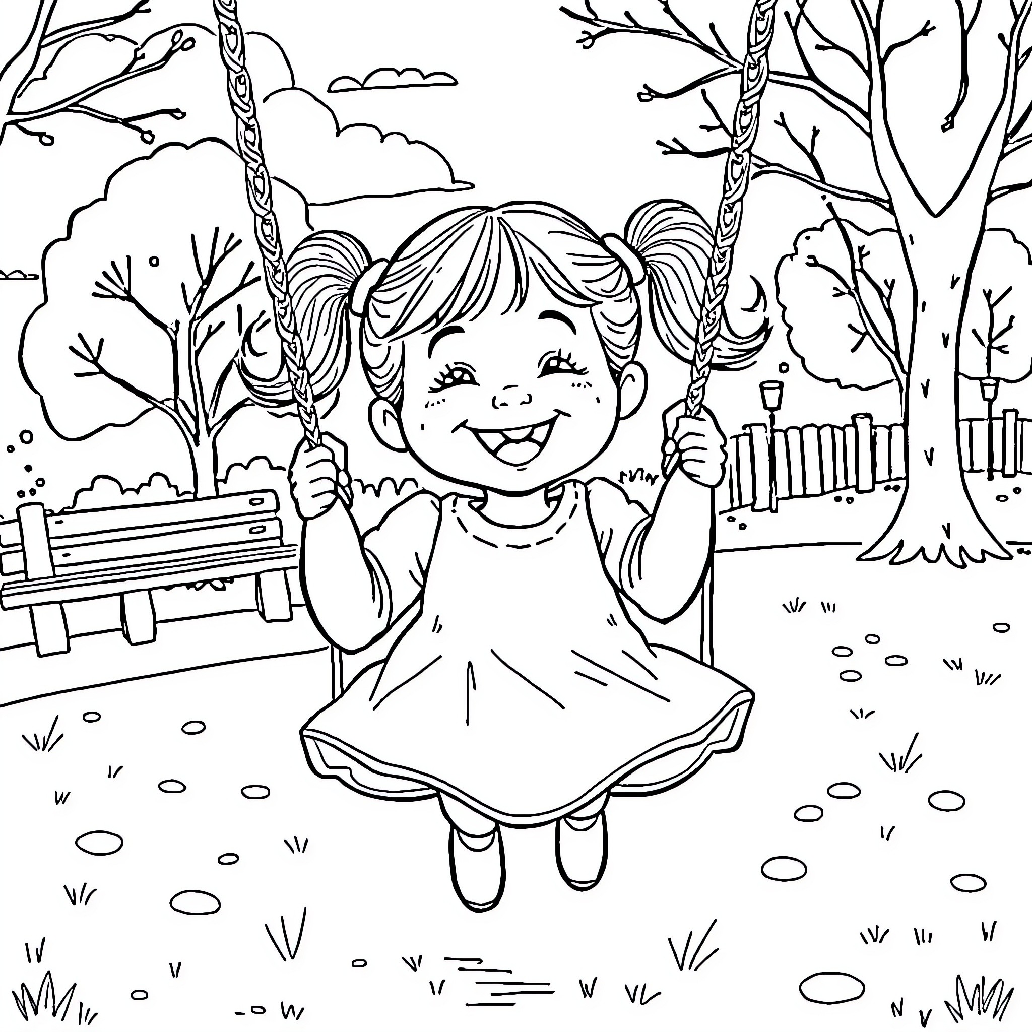 Girl playing joyfully on a swing in the park Coloring Page (free black-and-white line drawing printable PDF for all, from beginners to advanced learners, including children, teens, adults, and seniors)