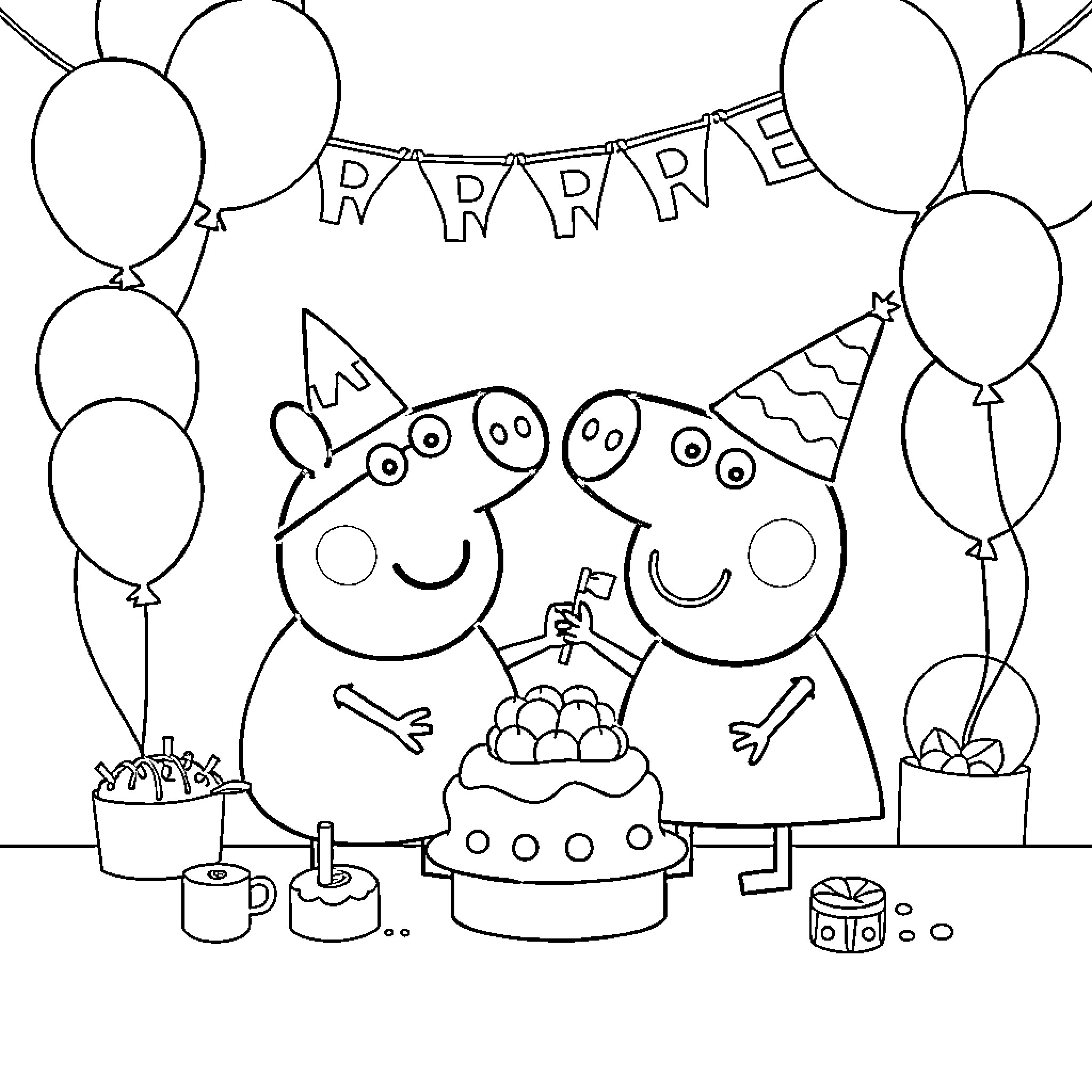 Peppa Pig and friends celebrating a birthday party Coloring Page (free black-and-white line drawing printable PDF for all, from beginners to advanced learners, including children, teens, adults, and seniors)