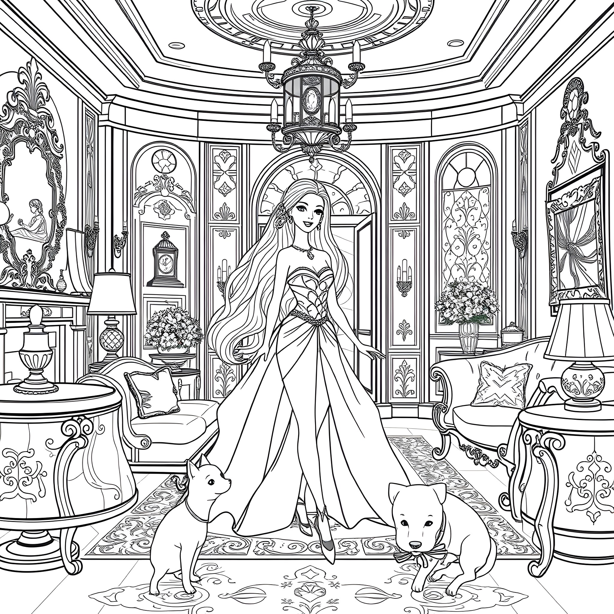 Barbie in a Luxurious Palace Interior Coloring Page (free black-and-white line drawing printable PDF for all, from beginners to advanced learners, including children, teens, adults, and seniors)