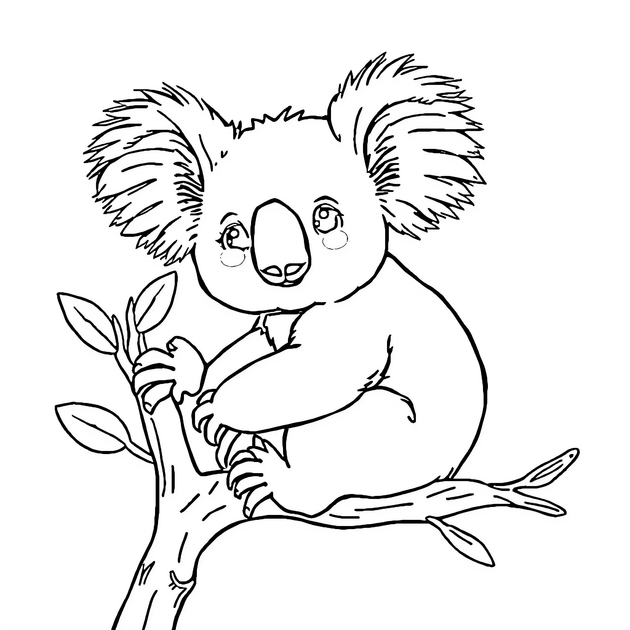 Koala resting calmly on a tree branch Coloring Page (free black-and-white line drawing printable PDF for all, from beginners to advanced learners, including children, teens, adults, and seniors)