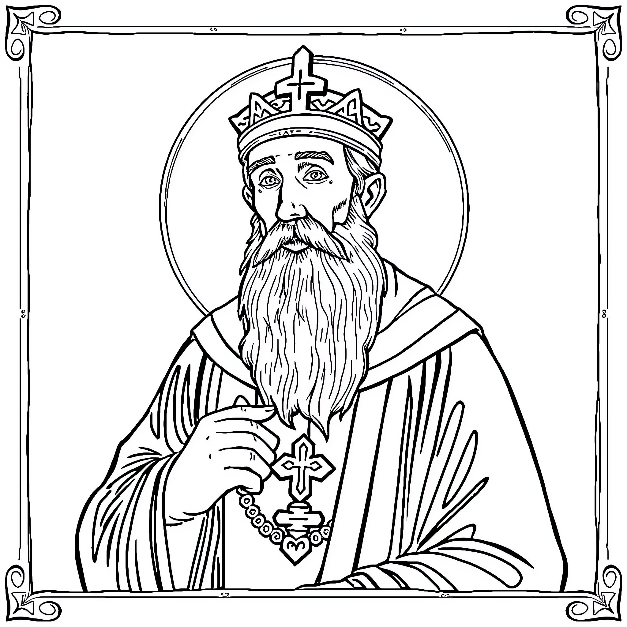 St John Cassian portrayed as a religious leader in robes and crown Coloring Page (free black-and-white line drawing printable PDF for all, from beginners to advanced learners, including children, teens, adults, and seniors)