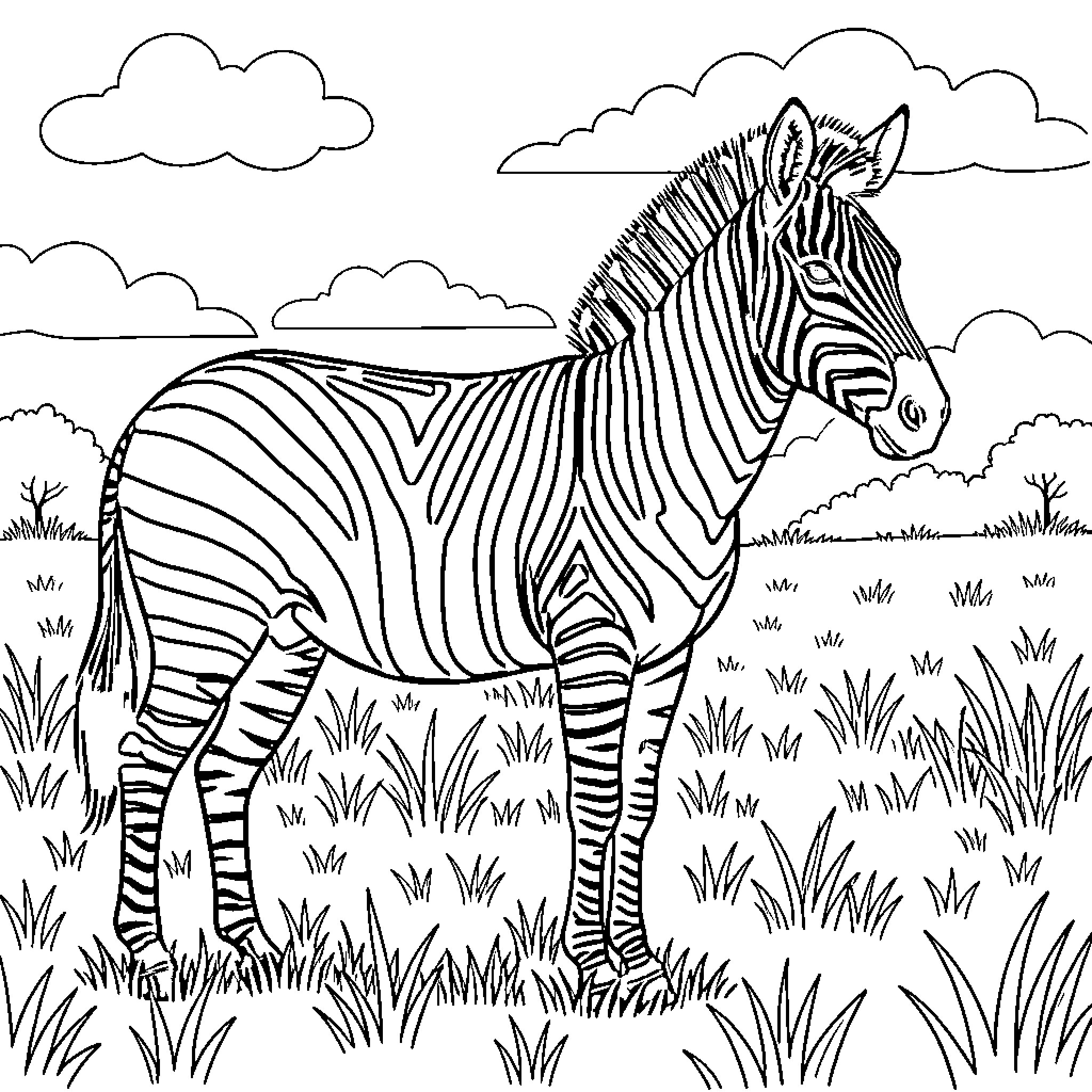 Zebra standing in grassy field Coloring Page (free black-and-white line drawing printable PDF for all, from beginners to advanced learners, including children, teens, adults, and seniors)