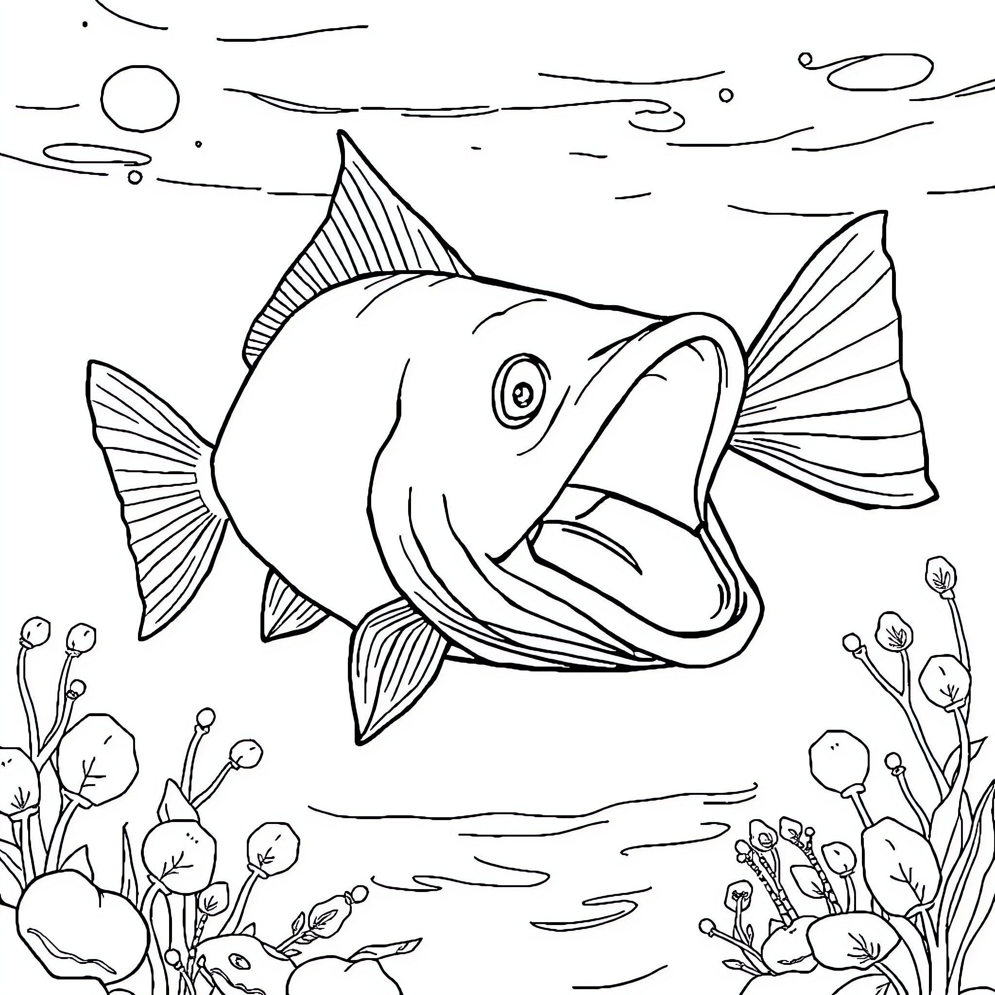 Fish swimming in underwater scene Coloring Page (free black-and-white line drawing printable PDF for all, from beginners to advanced learners, including children, teens, adults, and seniors)