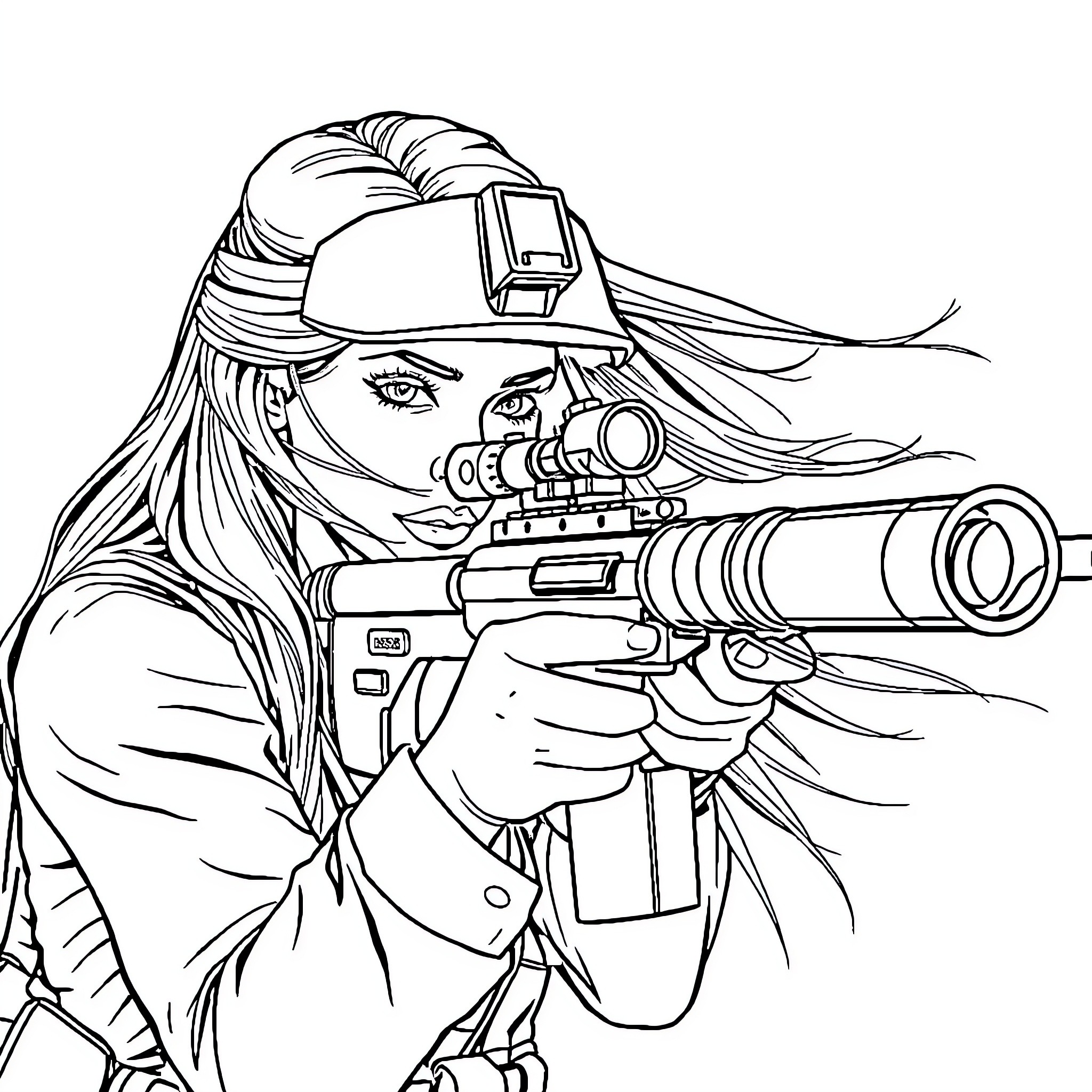 Sniper aiming her weapon with determination Coloring Page (free black-and-white line drawing printable PDF for all, from beginners to advanced learners, including children, teens, adults, and seniors)