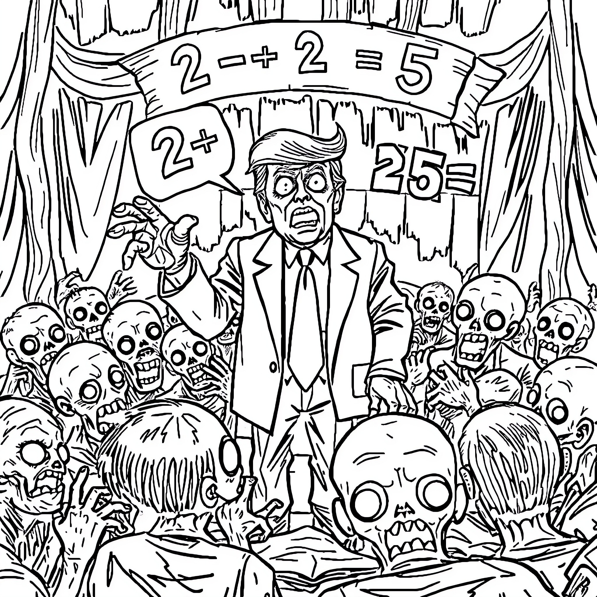 Zombie Businessman Surrounded by Horrific Undead Creatures Coloring Page (free black-and-white line drawing printable PDF for all, from beginners to advanced learners, including children, teens, adults, and seniors)