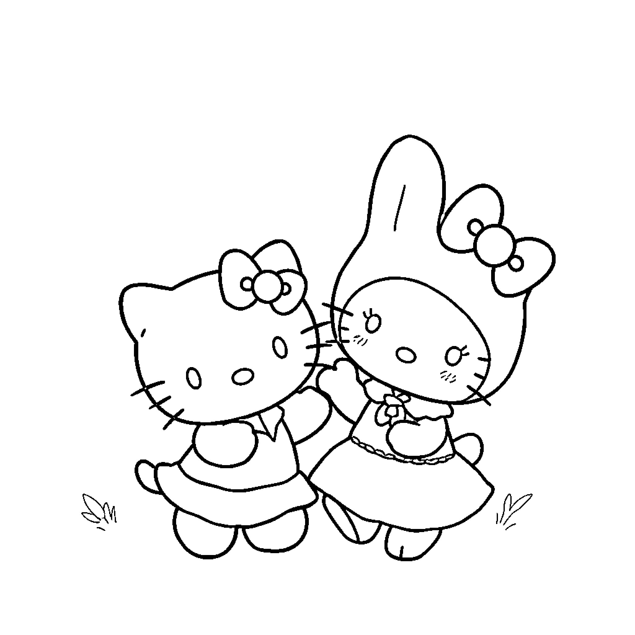 Sanrio Characters Playing Together Coloring Page (free black-and-white line drawing printable PDF for all, from beginners to advanced learners, including children, teens, adults, and seniors)