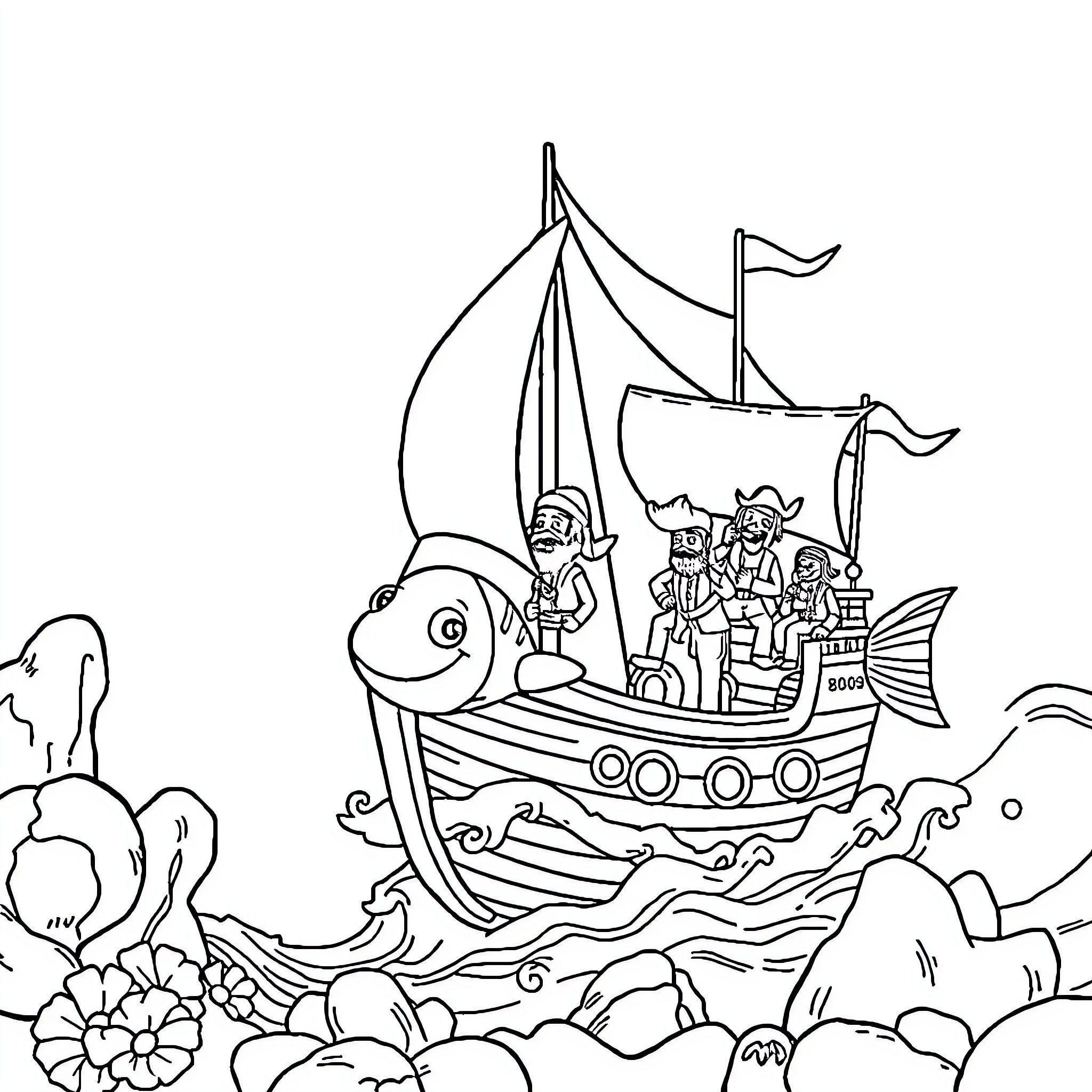 Mango Pirates Sailing on Cartoon Pirate Ship Coloring Page (free black-and-white line drawing printable PDF for all, from beginners to advanced learners, including children, teens, adults, and seniors)