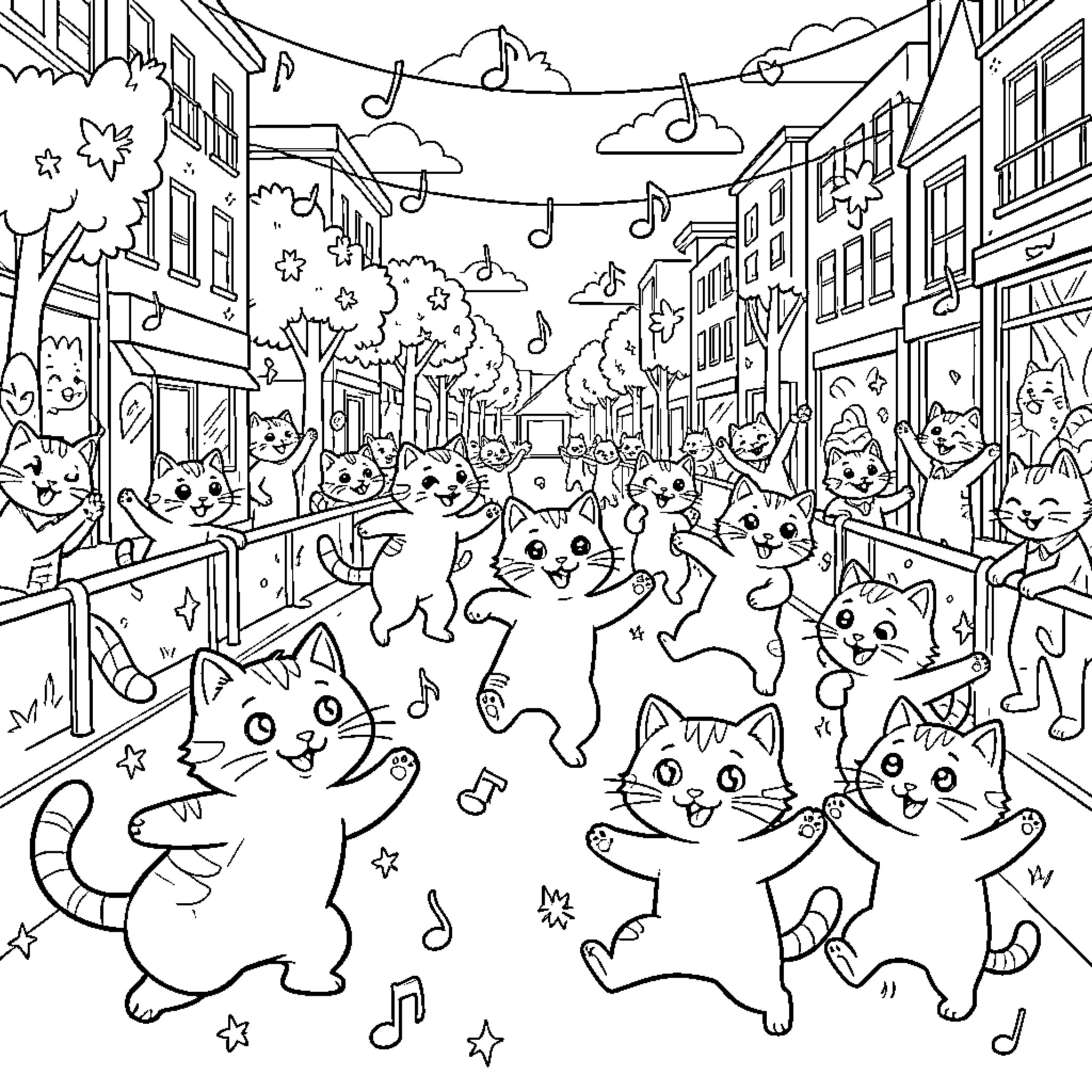 Cat Party in the Town Square Coloring Page (free black-and-white line drawing printable PDF for all, from beginners to advanced learners, including children, teens, adults, and seniors)